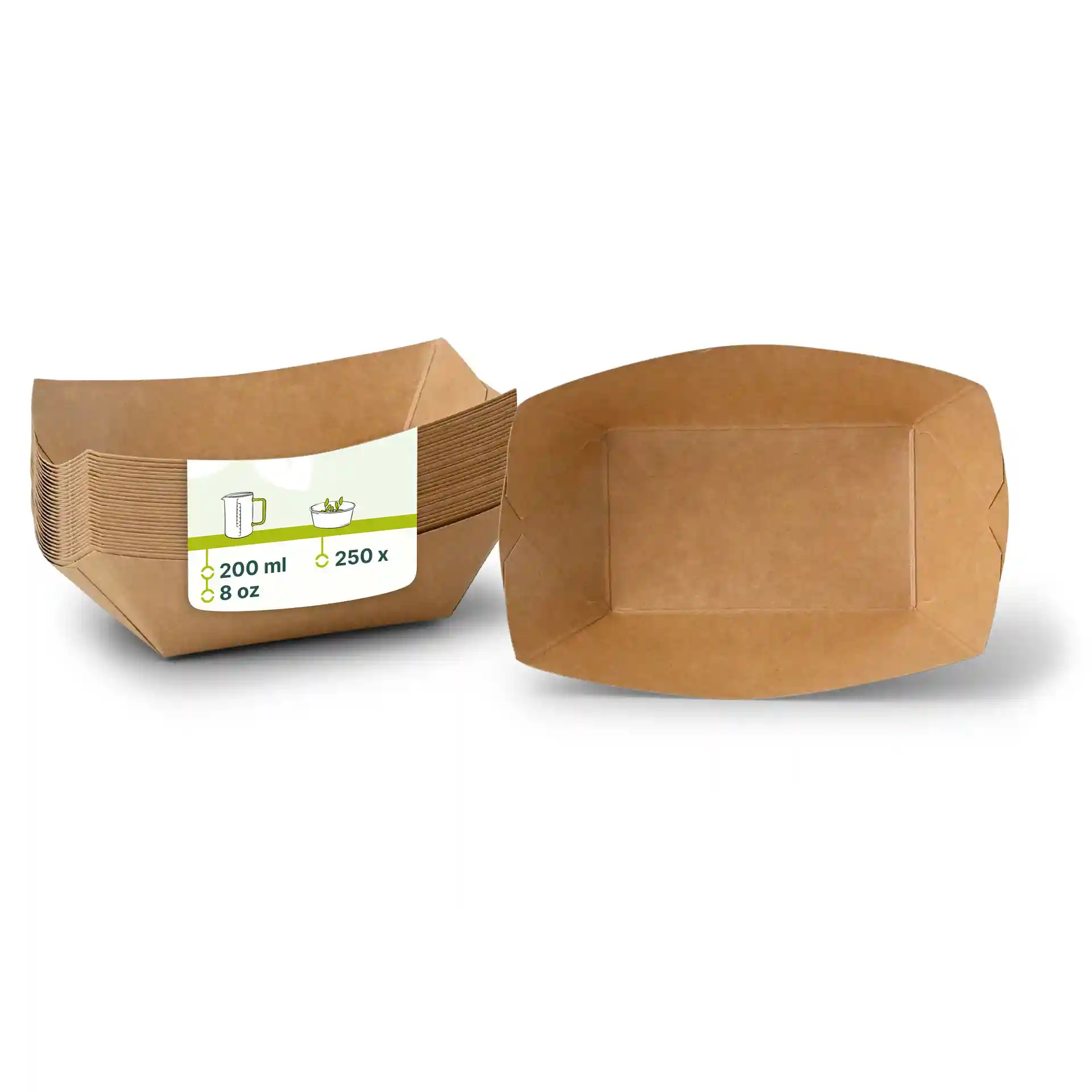 Braune Papp-Snackschalen in rechteckiger Form, mit einem Etikett, das Maße und Volumen zeigt.