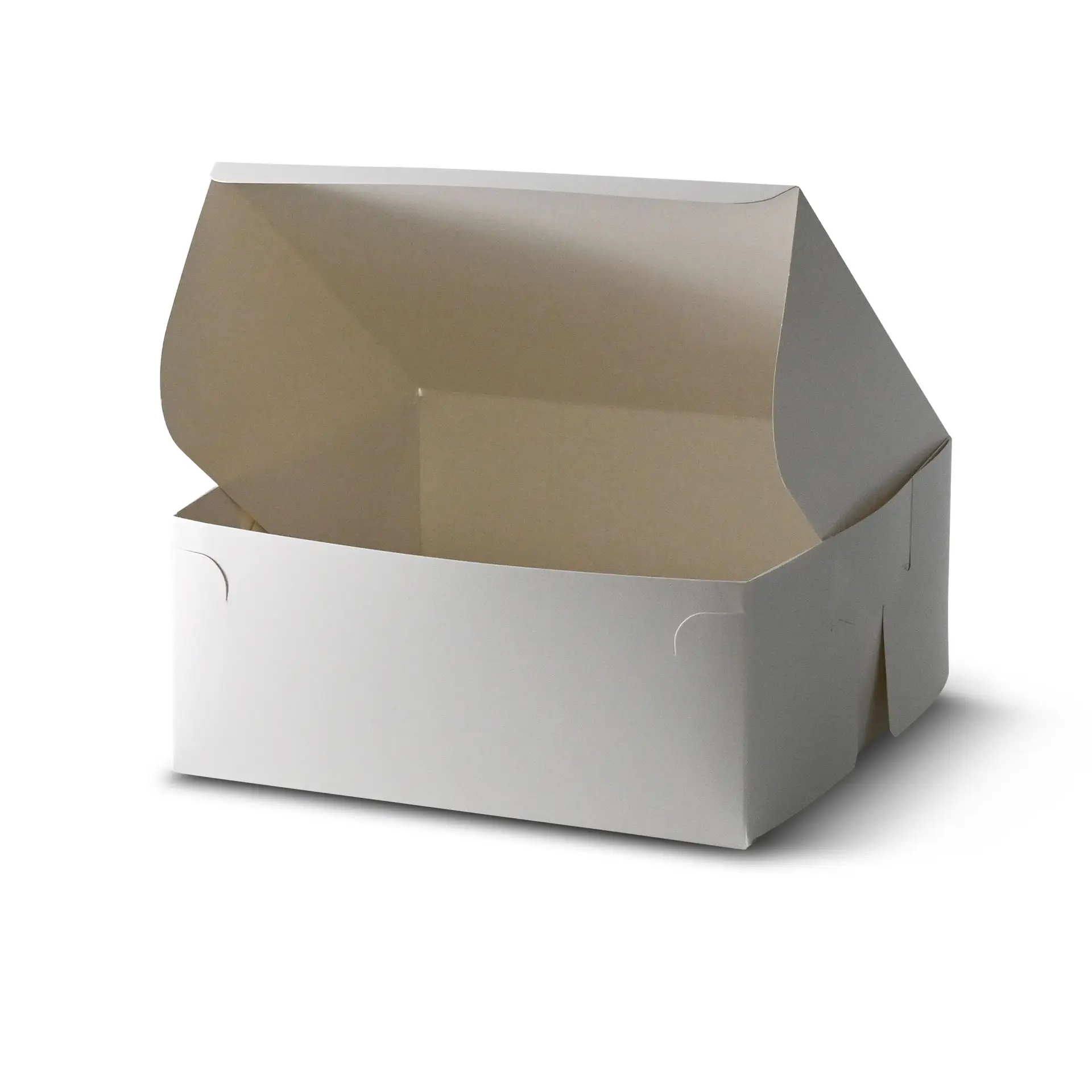 Weiße Kuchenbox mit offenem Deckel, 23 x 23 x 10 cm groß.