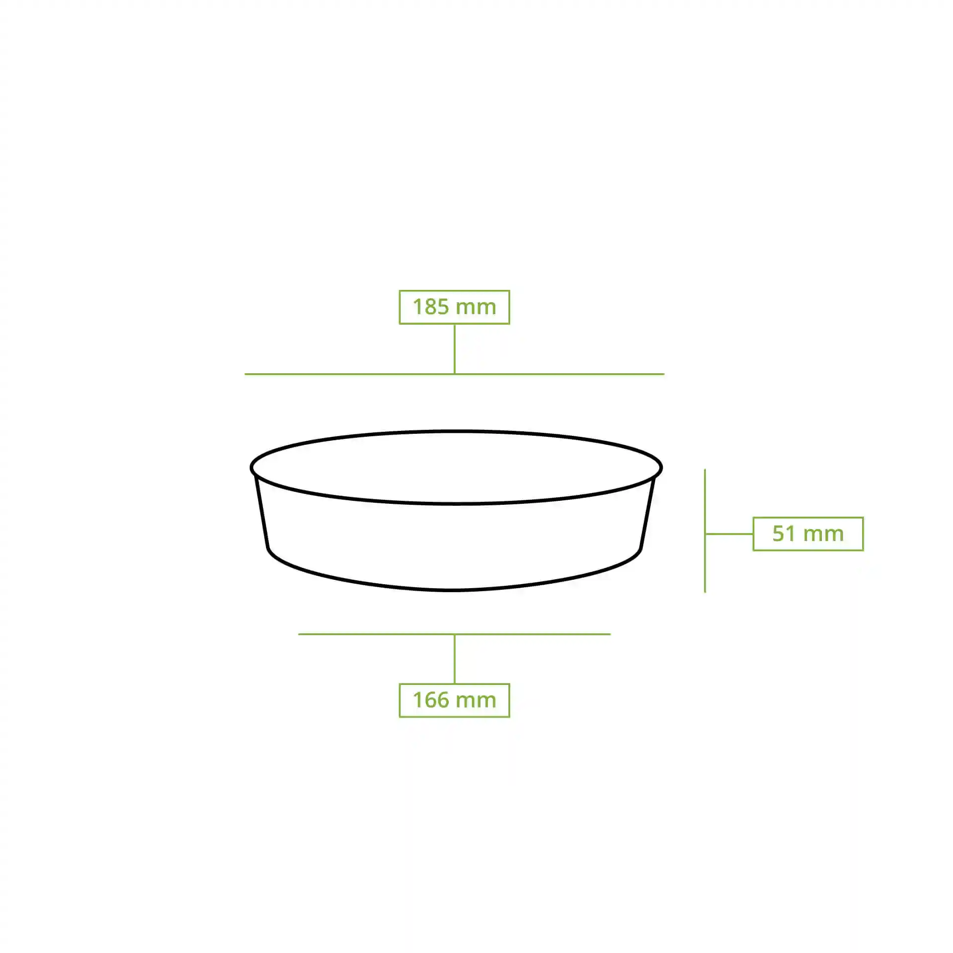 Schematic drawing of a round cardboard bowl with dimensions: 185 mm diameter, 166 mm bottom diameter, and 51 mm height.