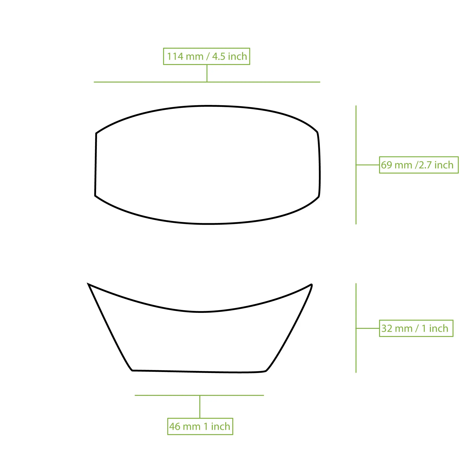 Schematic drawing of a boat-shaped object with dimensions labeled in millimeters and inches.
