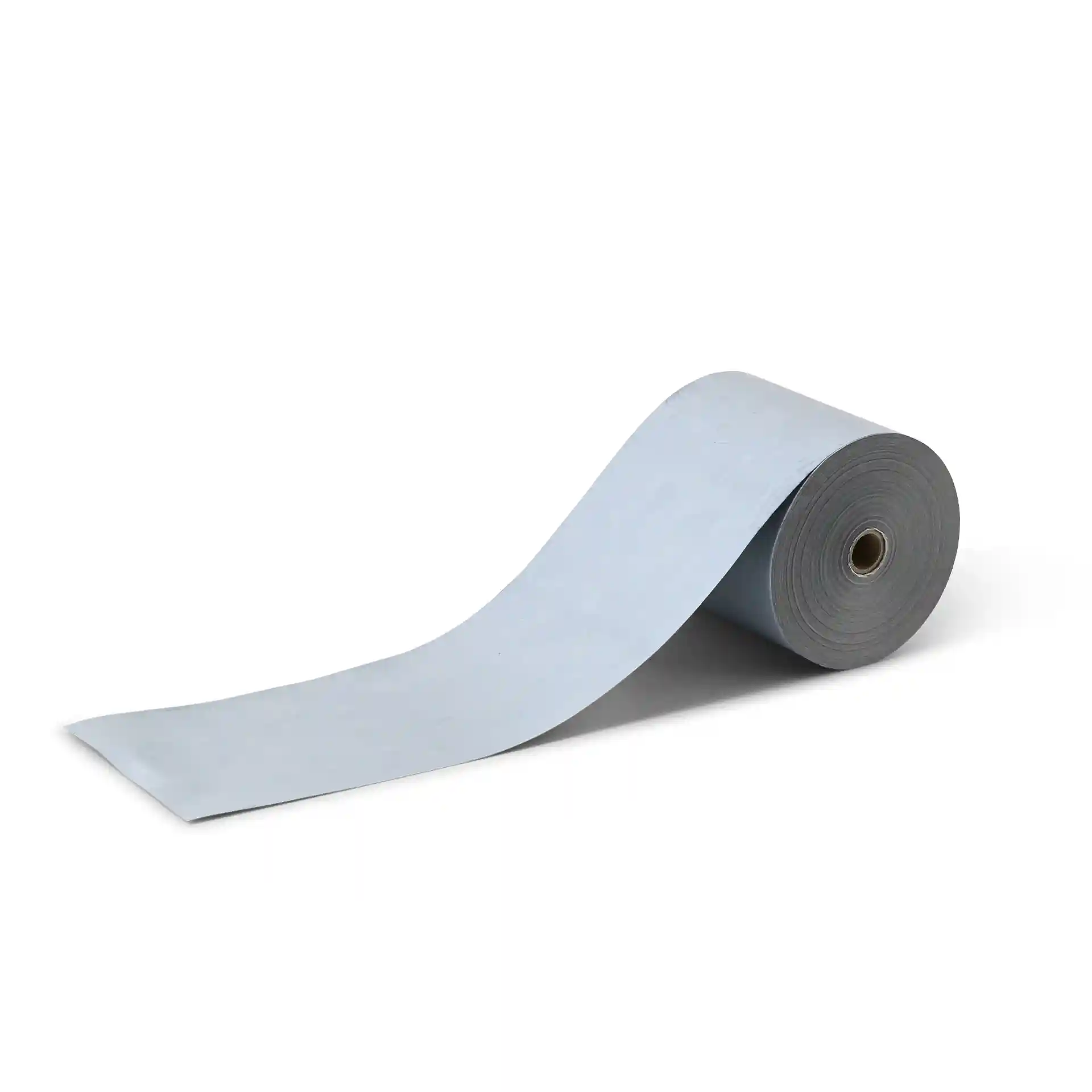 Grauer Thermopapierrolle, 80 mm breit und 80 m lang, mit einem Durchmesser von 77 mm, auf weißem Hintergrund.