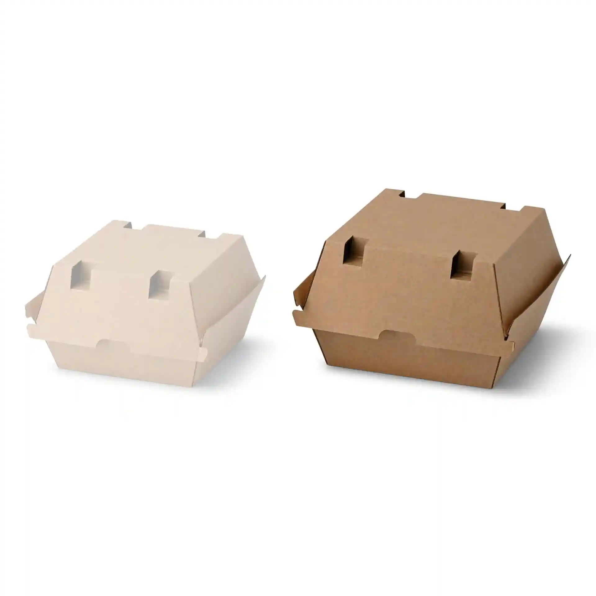Image of two burger boxes, one white and one brown, both made of cardboard with a rectangular shape.