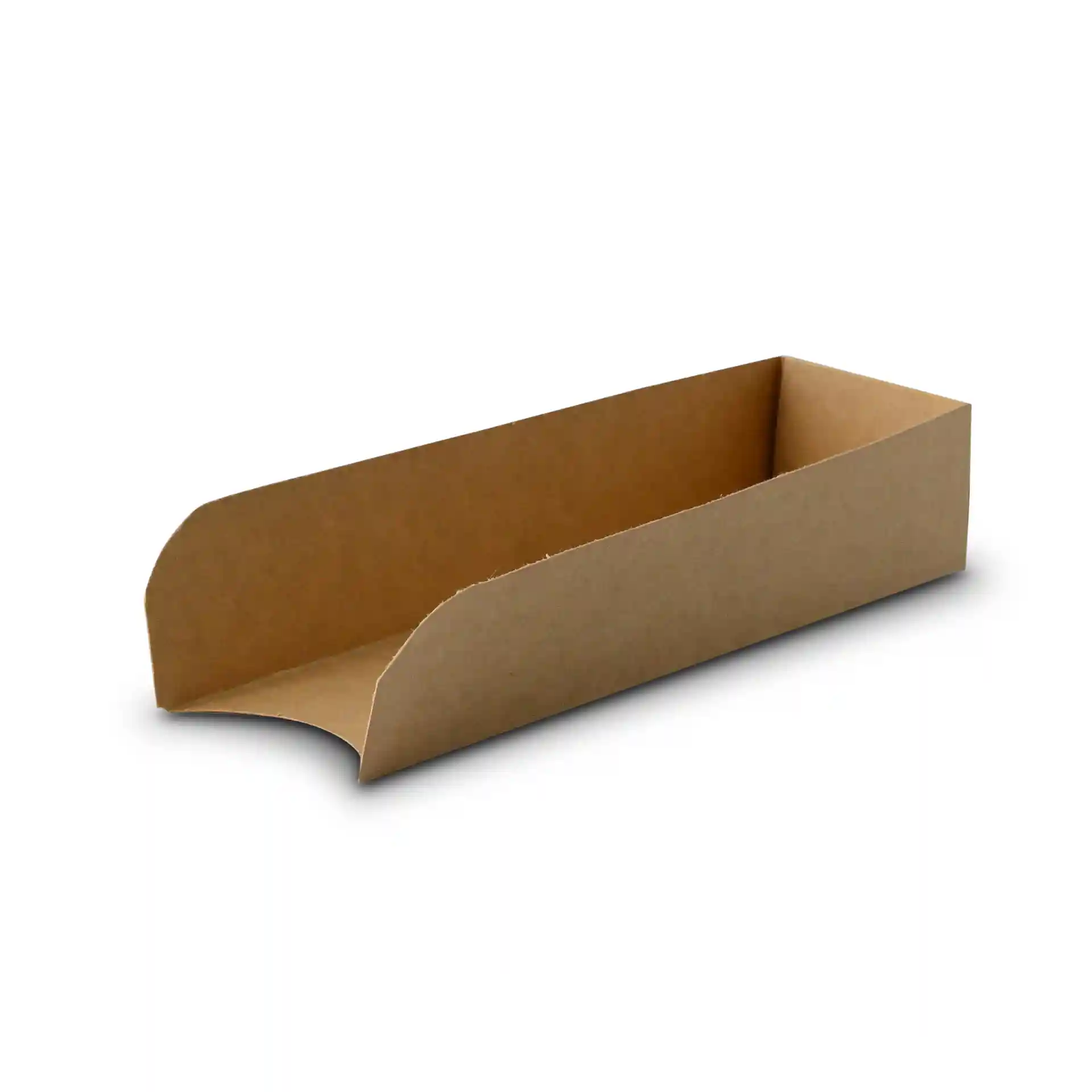 Braunes rechteckiges Papp-Hot-Dog-Tablett, faltbar, 18 x 5 cm, Höhe 3,5 cm.