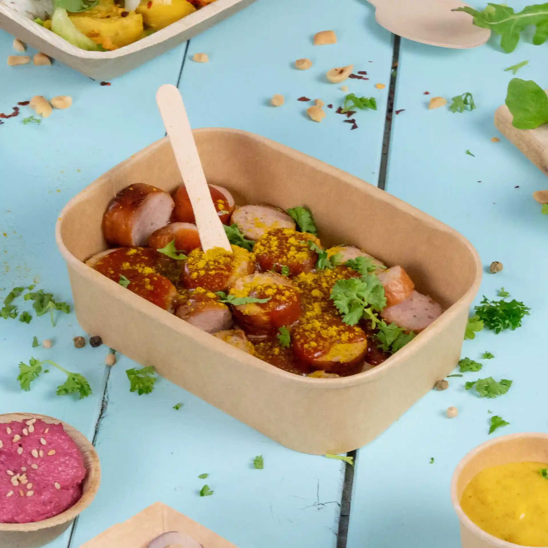 Container with sliced sausages topped with curry powder and herbs, served with a wooden fork on a blue surface.