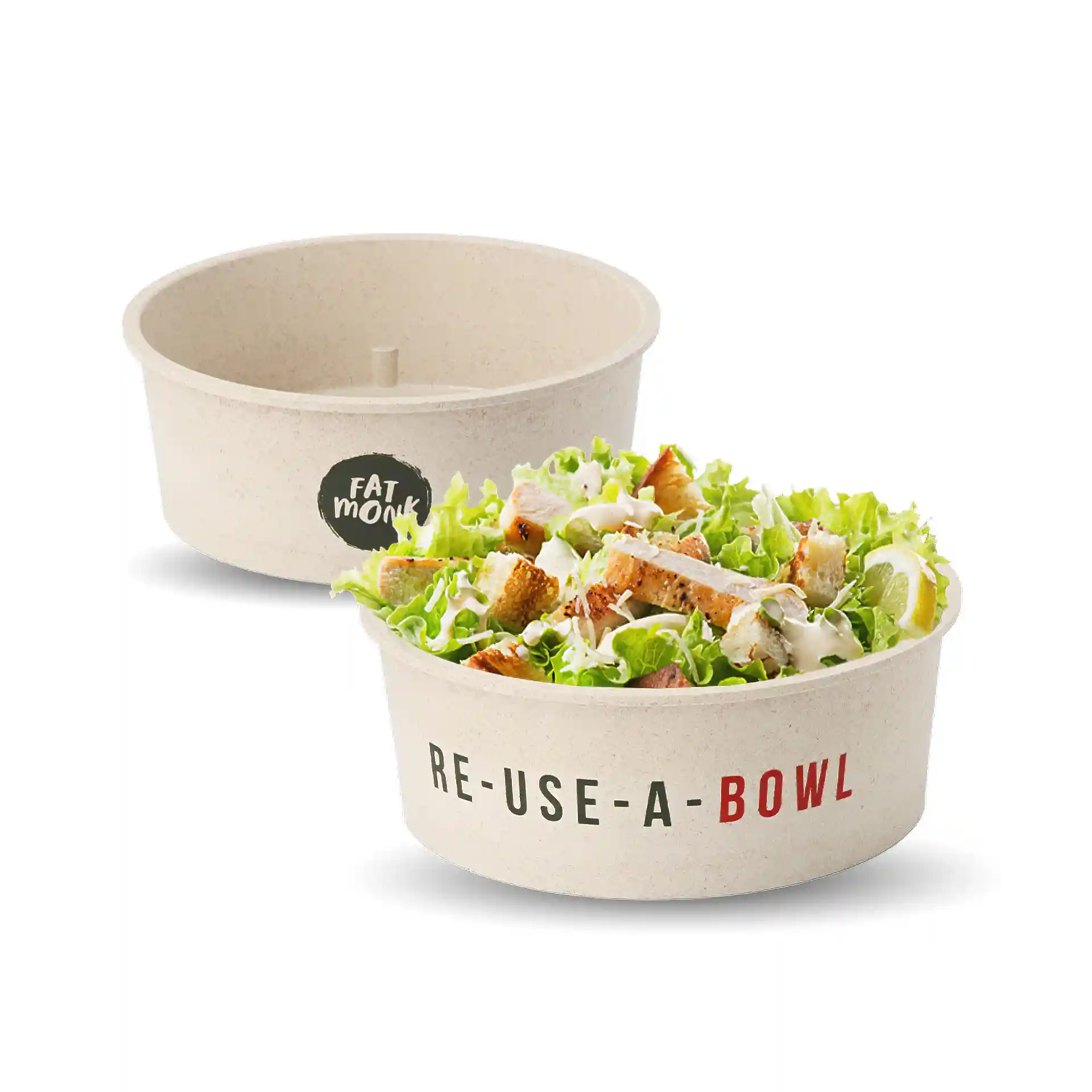 Round reusable bowl with salad, cream-white color, 1000 ml capacity, and printed with "RE-USE-A-BOWL" and "FAT MONK" labels.