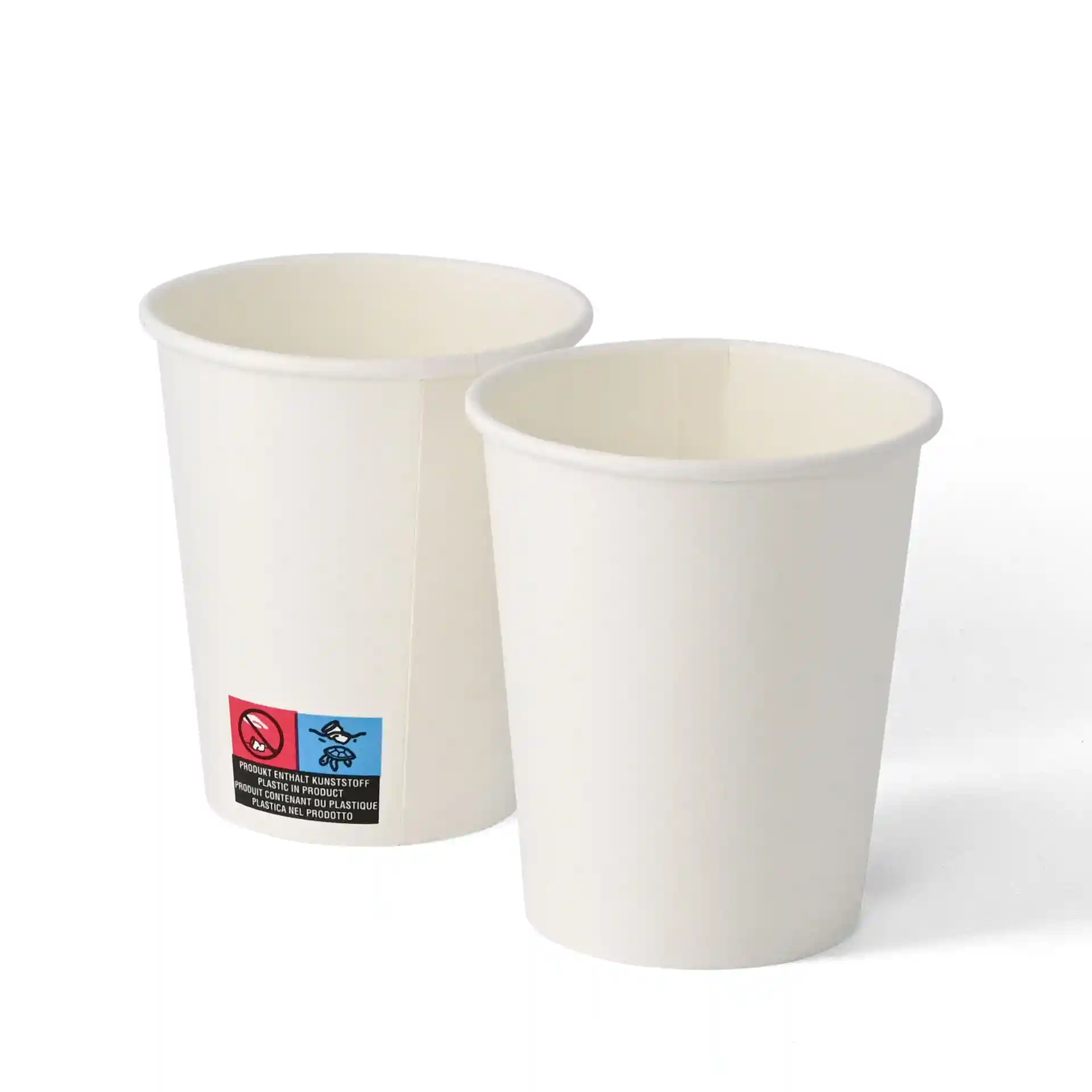 Weiße Einweg-Papbecher, 200 ml Fassungsvermögen, Durchmesser 80 mm, mit Etikett und Symbolen.