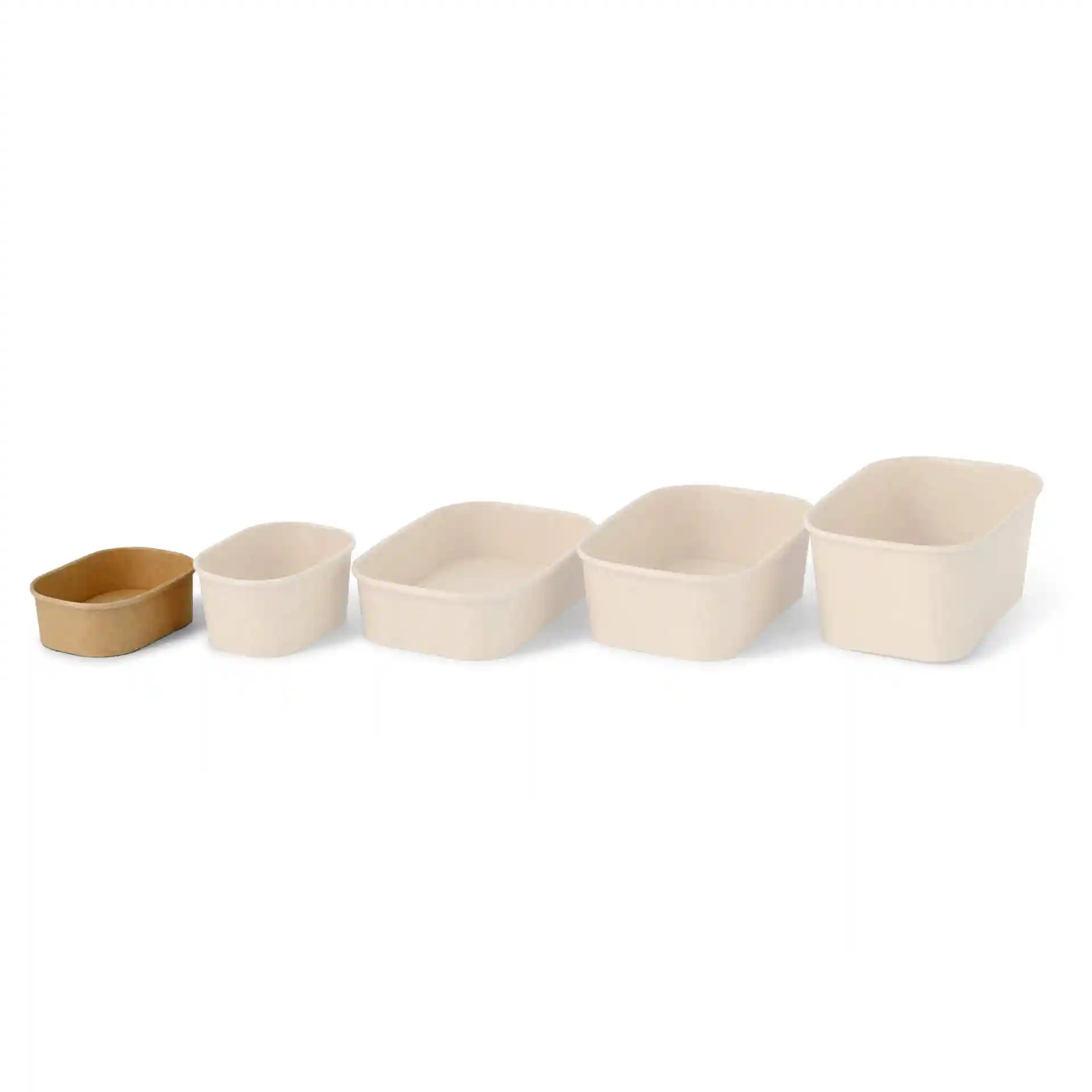 Set of five rectangular food containers in varying sizes, with one brown container and four beige containers.