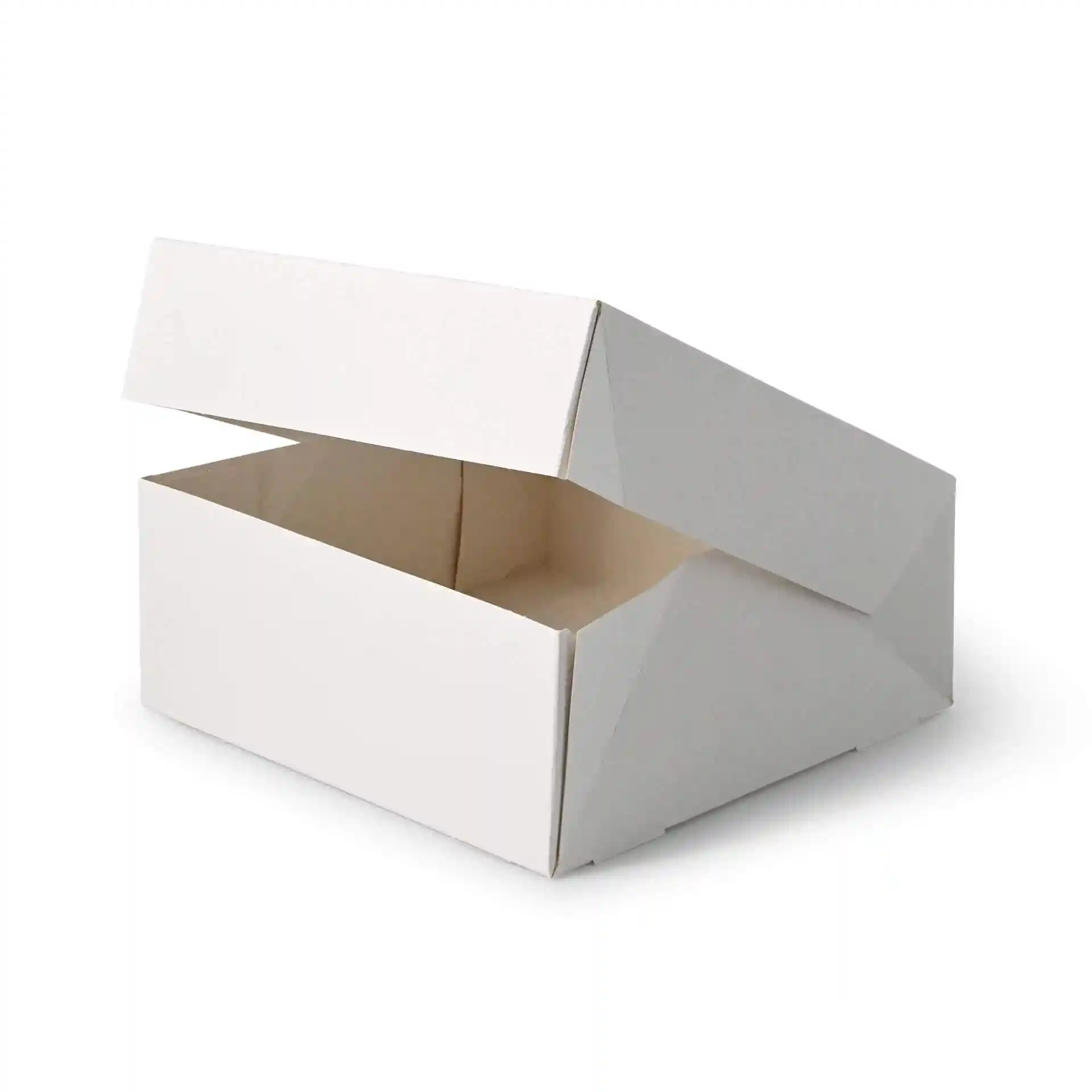 White square cardboard box with an open lid, featuring a cellulose viewing window.