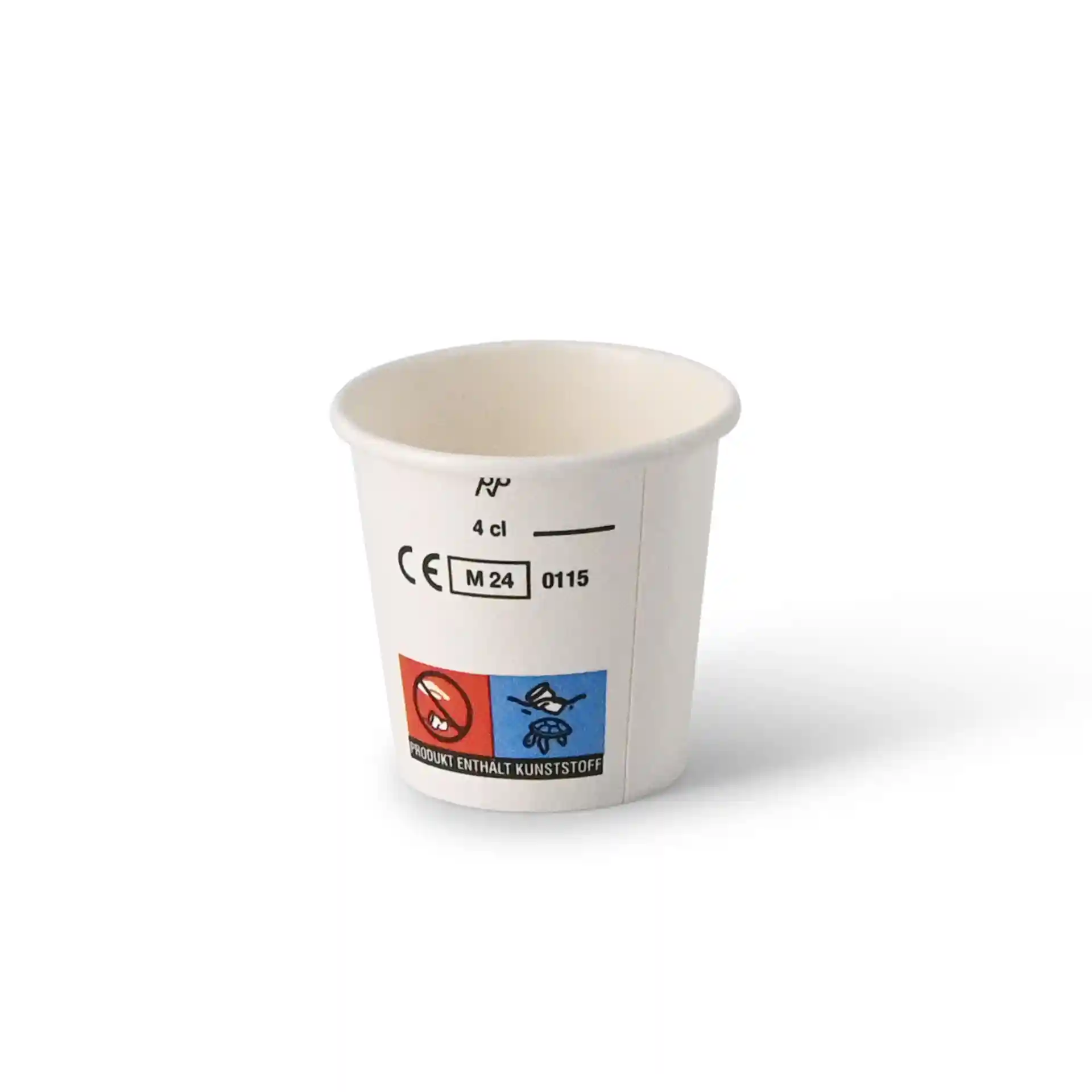 White paper shot cup with a capacity of 40 ml, featuring a round shape and visible safety symbols on the side.