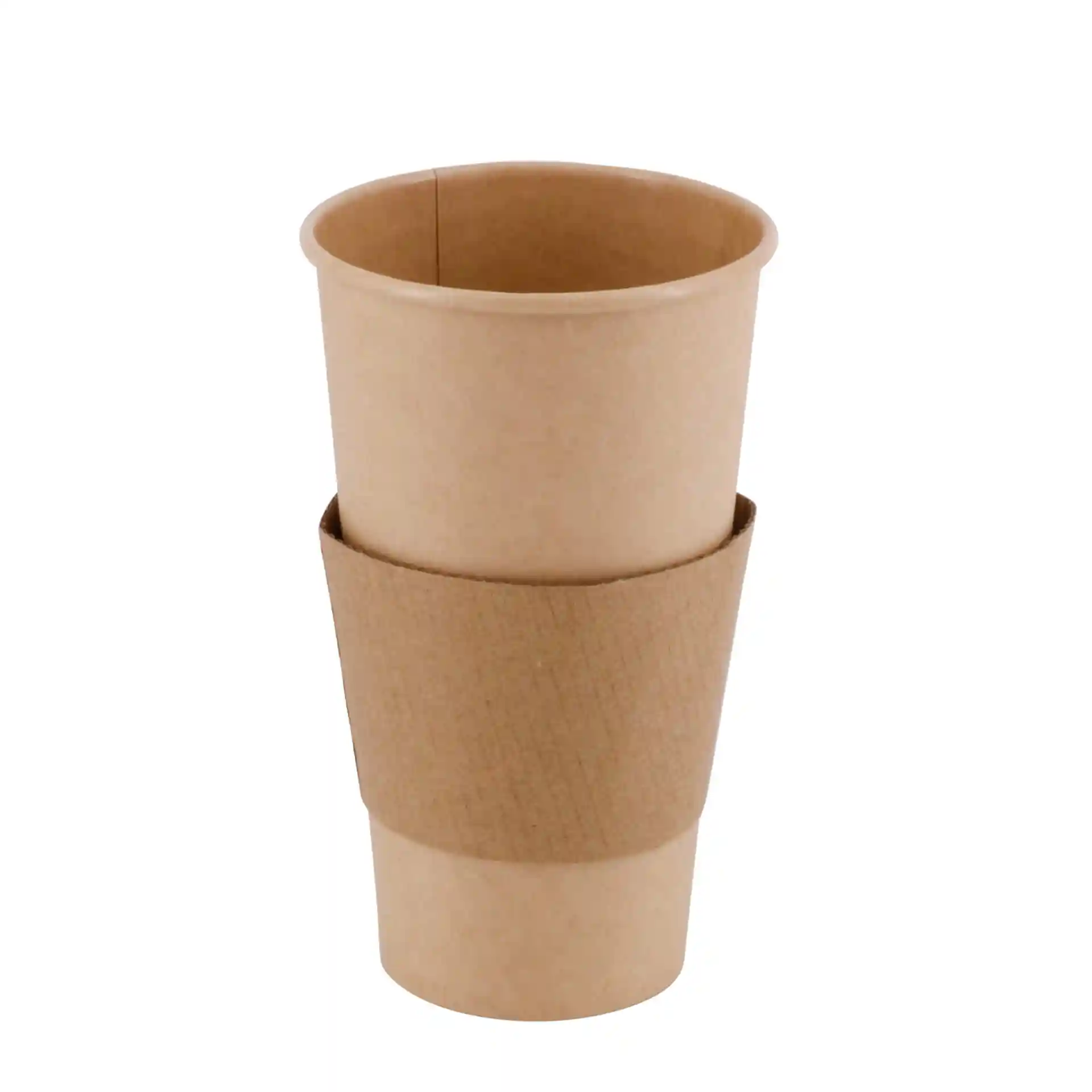 Brauner Pappbecher mit Pappmanschette, runde Form, 20 oz Fassungsvermögen und einer Höhe von 150 mm.