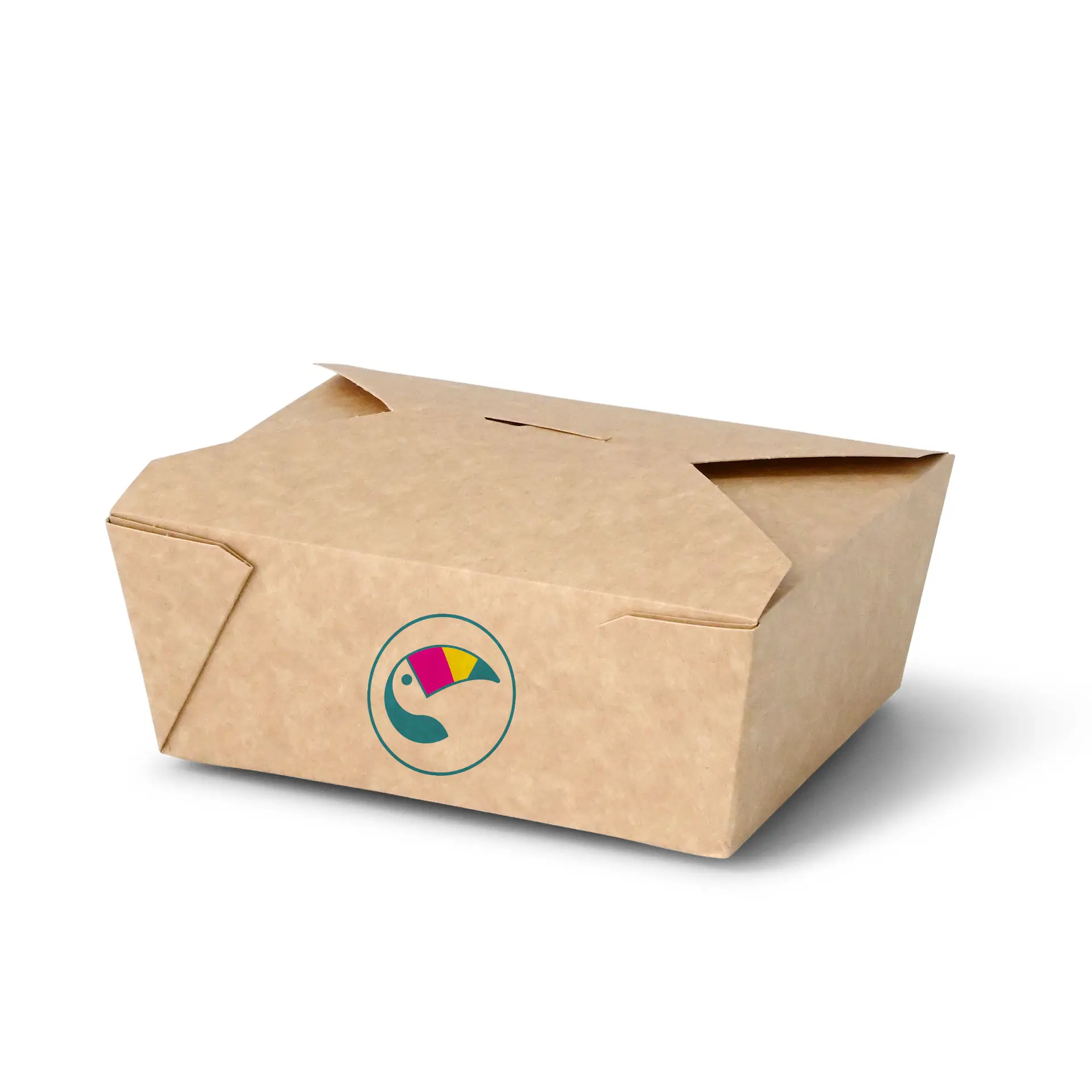 Custom printed brown takeaway box with a logo; suitable for greasy, hot dishes. Ideal for various food services.