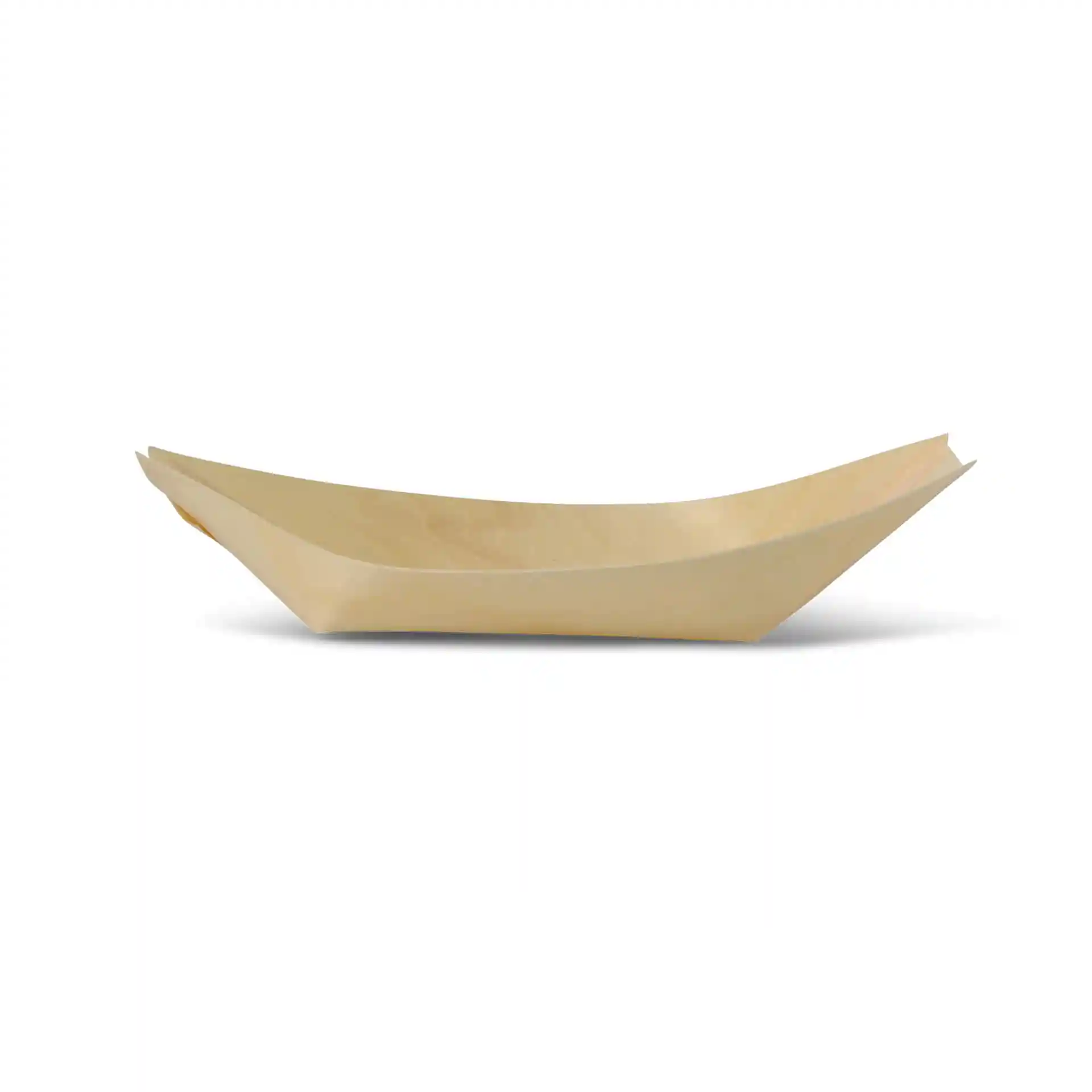 Holzboot-förmige Servierschale in Hellbraun, 17 cm lang, 9,5 cm breit und 3,6 cm hoch.