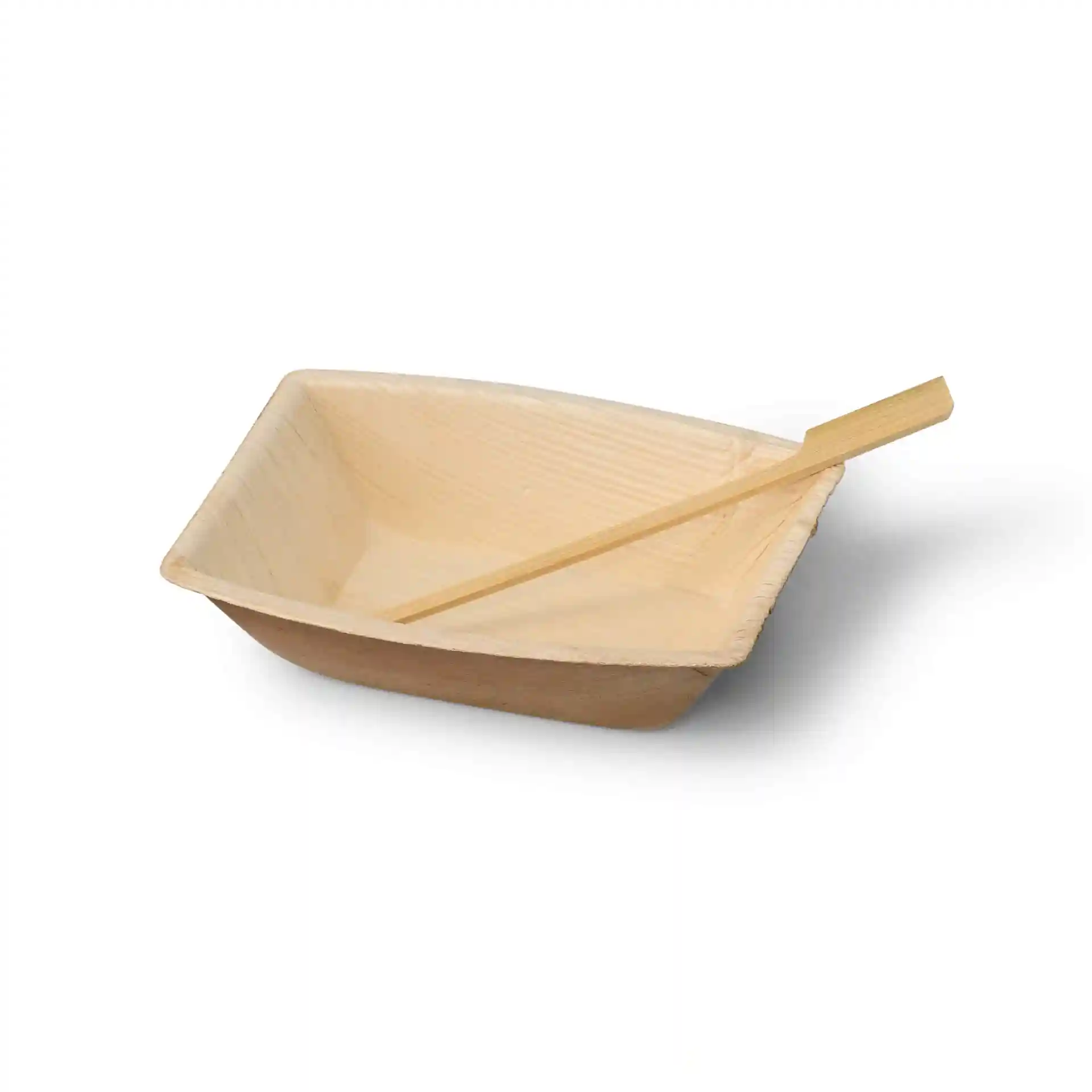 Bamboo paddle skewer in a rectangular brown holder, with a skewer resting inside.