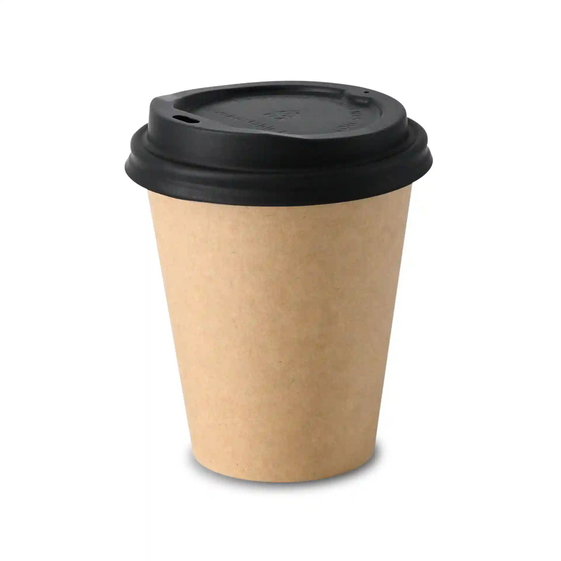 Brown paper cup with a black lid, 250 ml capacity, single wall, 90 mm diameter, 100 mm height.