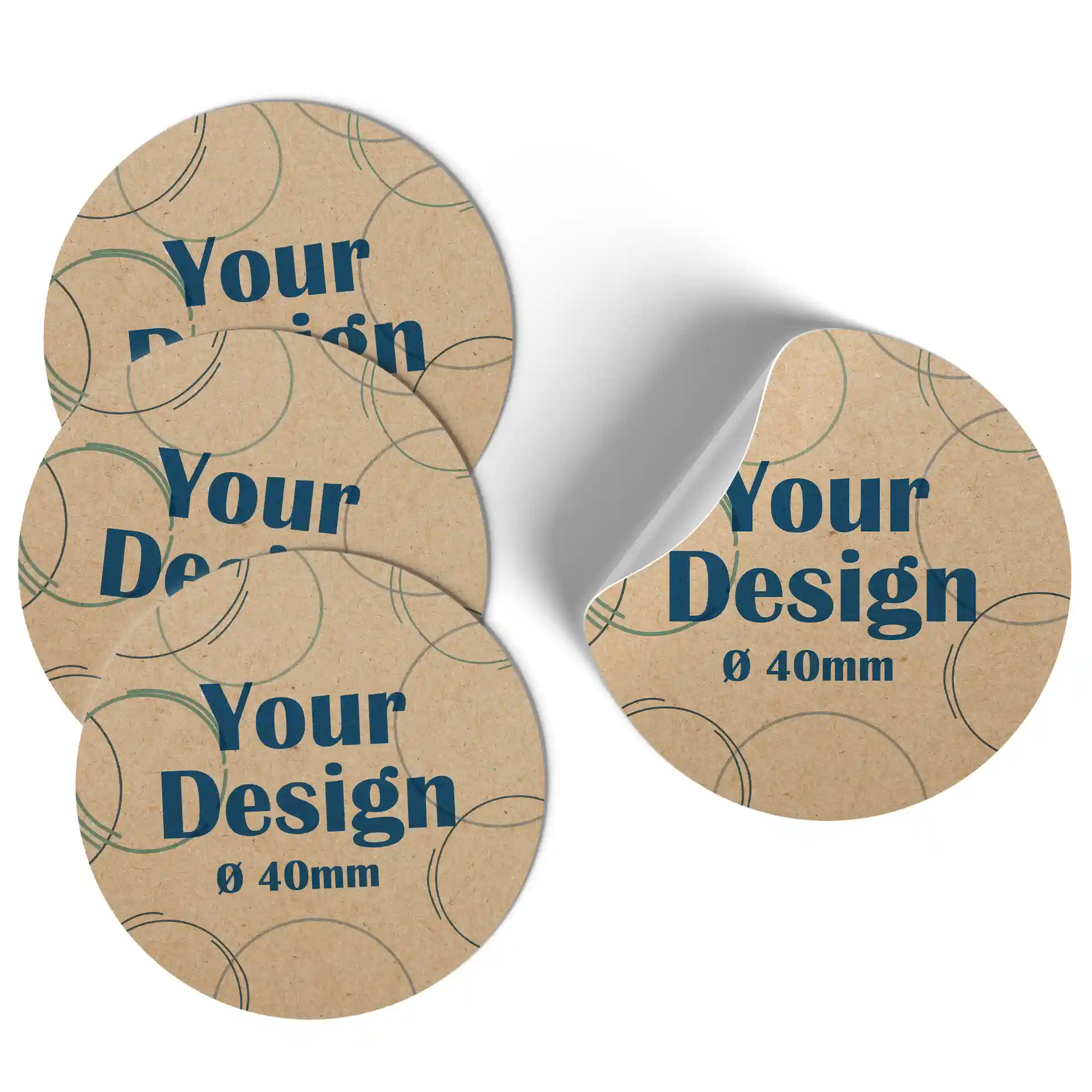 Round printed labels made of brown matte kraft paper, measuring 40 mm in diameter, with a design pattern.