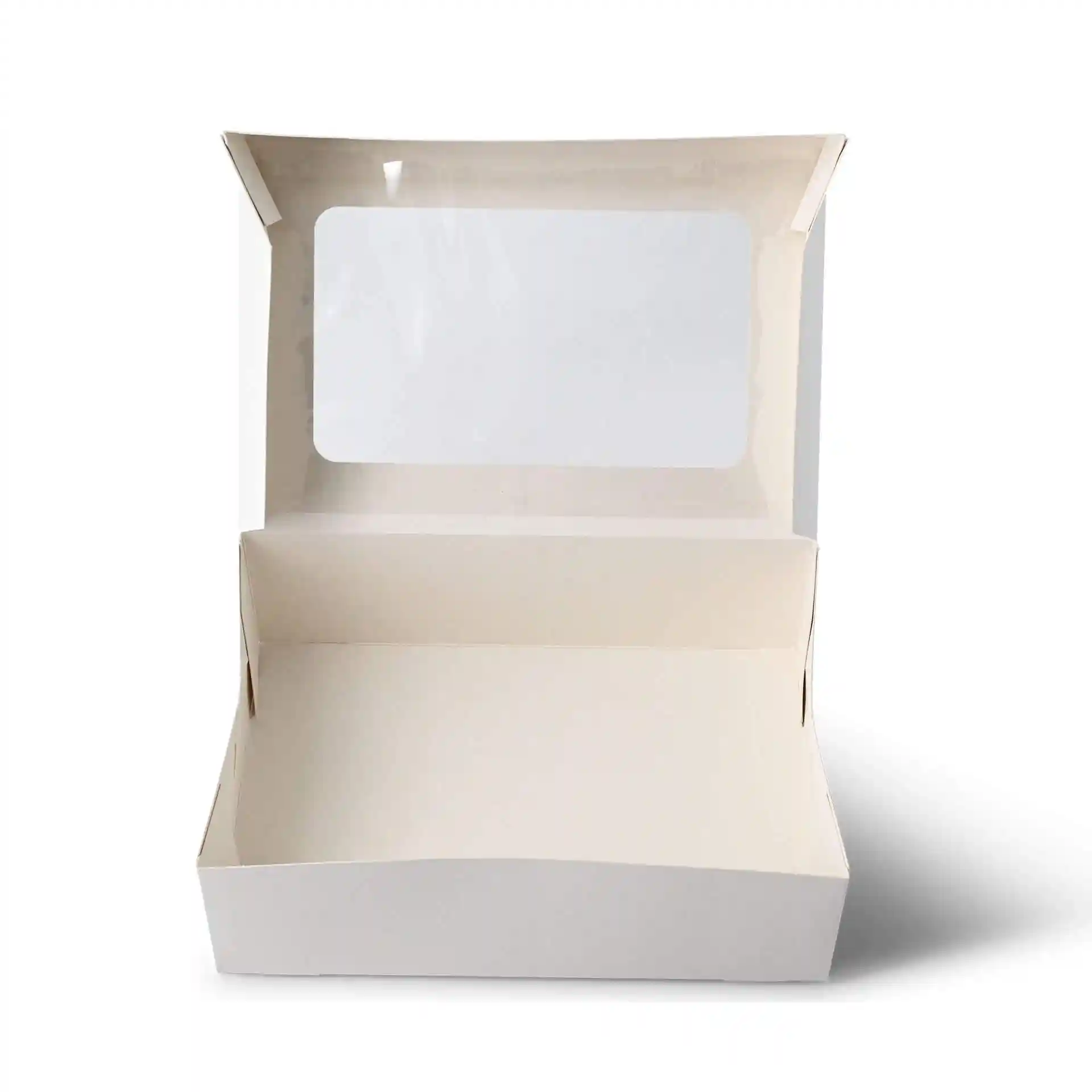 White rectangular cupcake box with a cellulose window, open and empty, showing interior space.