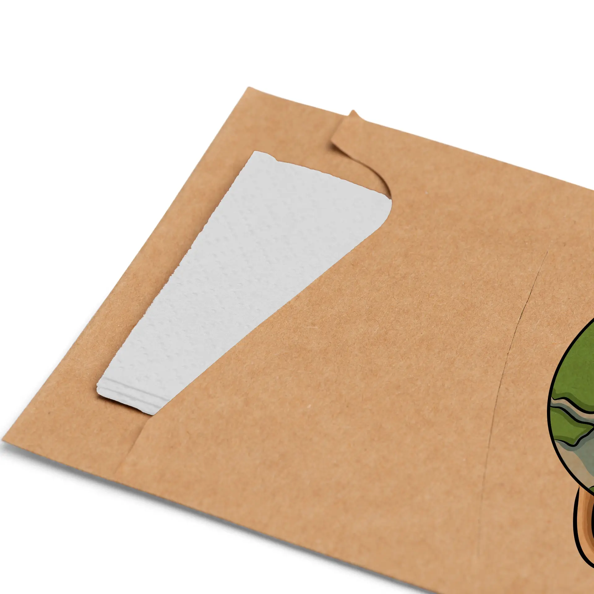 Brown kraft cutlery sleeve with a white napkin partially visible inside, featuring a customizable design space.