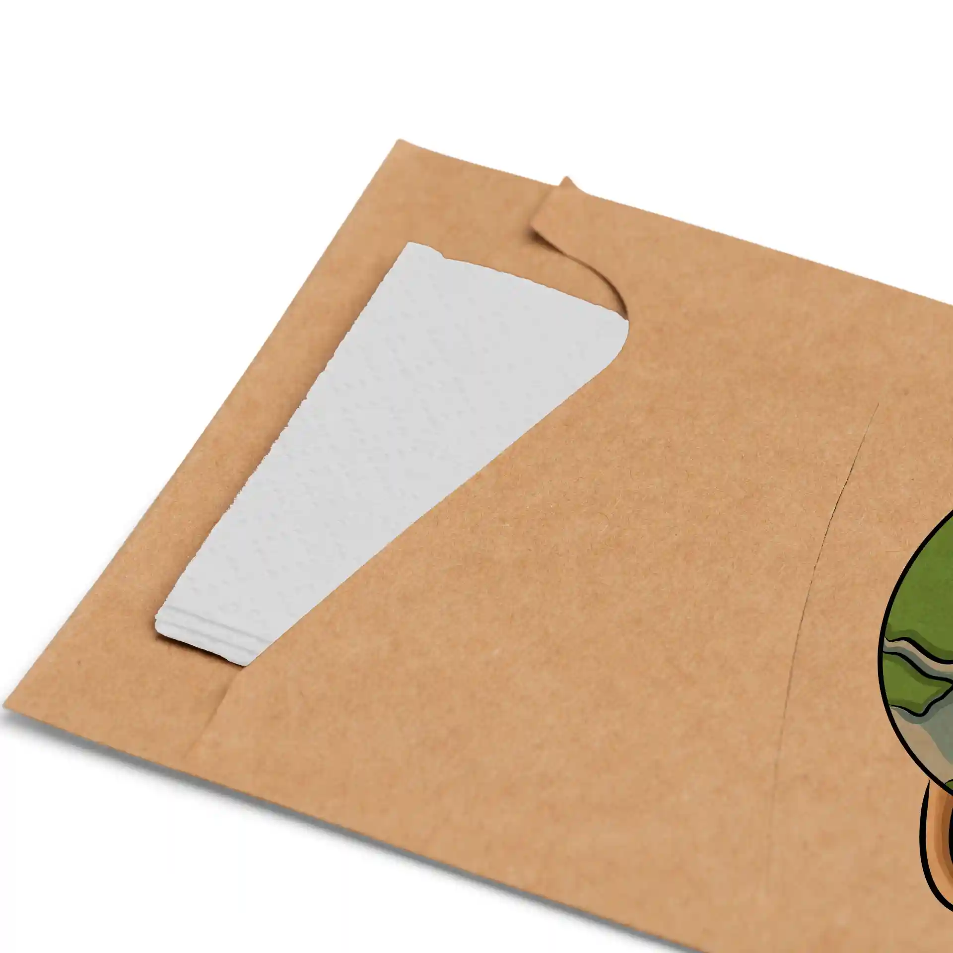 Brown printed cutlery pouch with a white napkin partially visible inside.