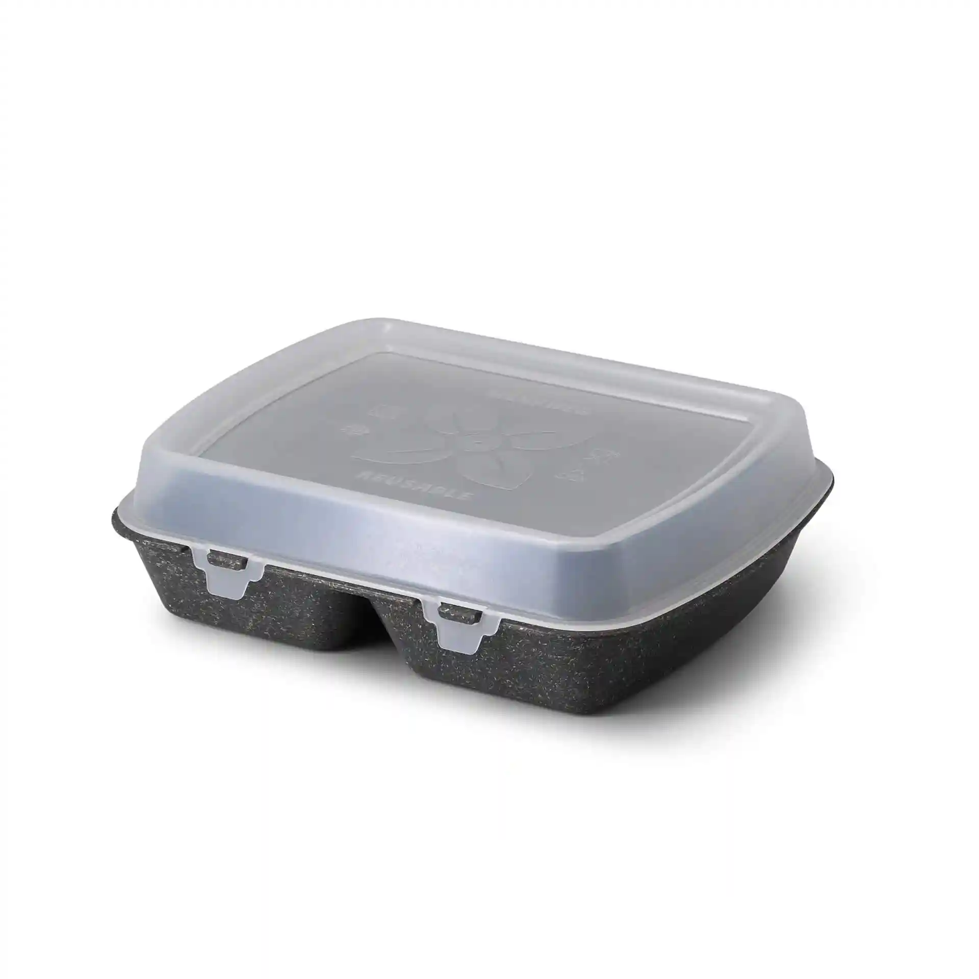 Reusable meal container with two compartments, grey color, dimensions 24.5 x 20 x 4.5 cm, with a transparent lid.