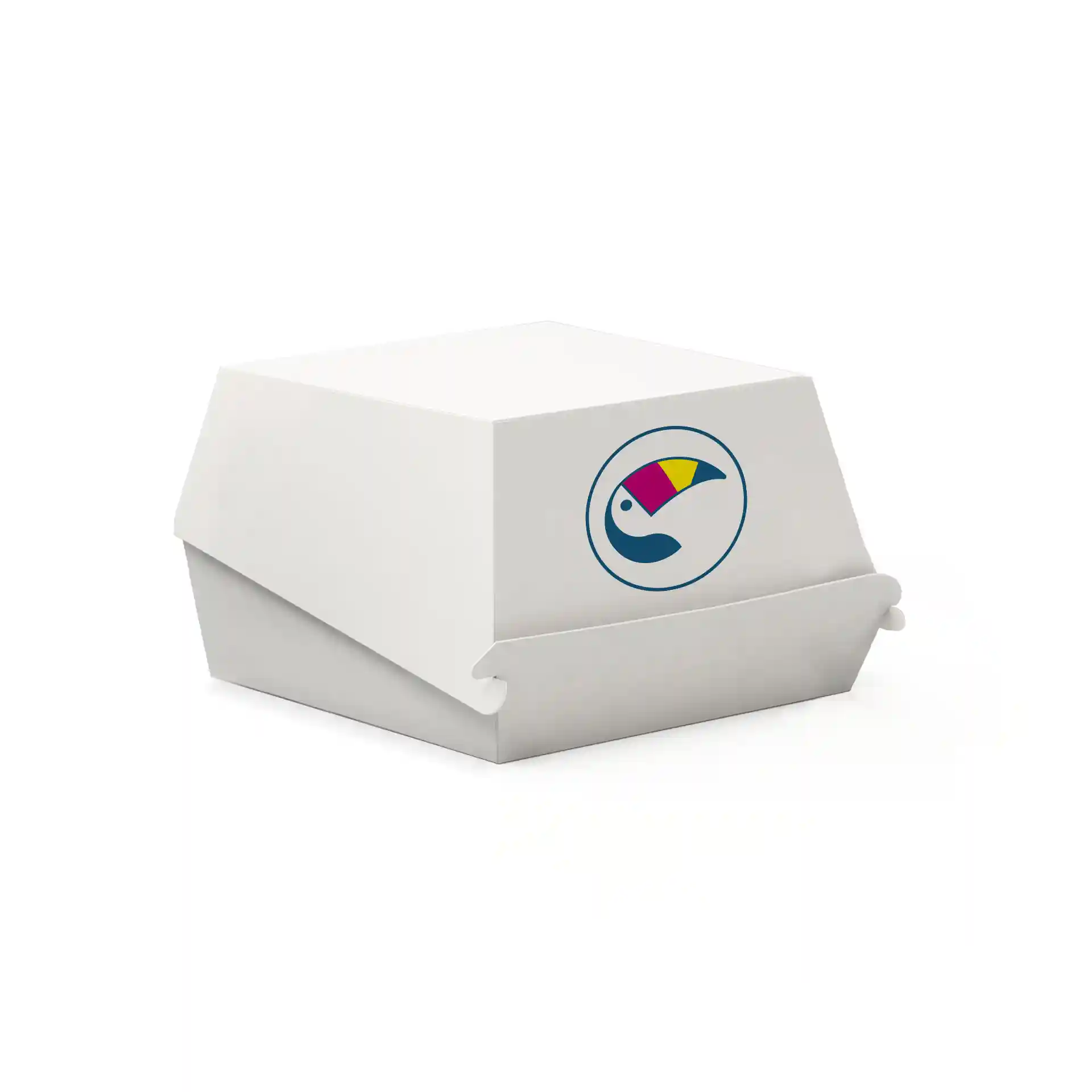 Weiße Burgerbox mit Druck und Logo, Maße 11,5 x 10,8 x 8 cm.