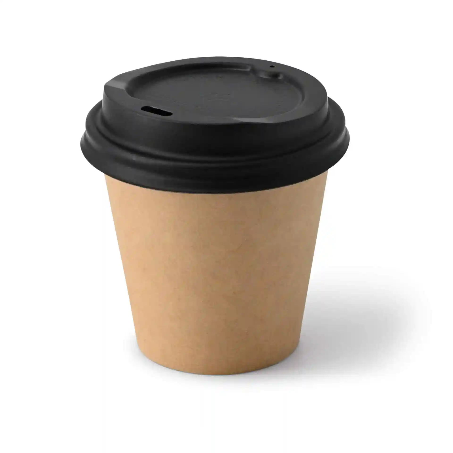 Brown cardboard cup with a black lid, 6 oz capacity, round shape, and coated surface.