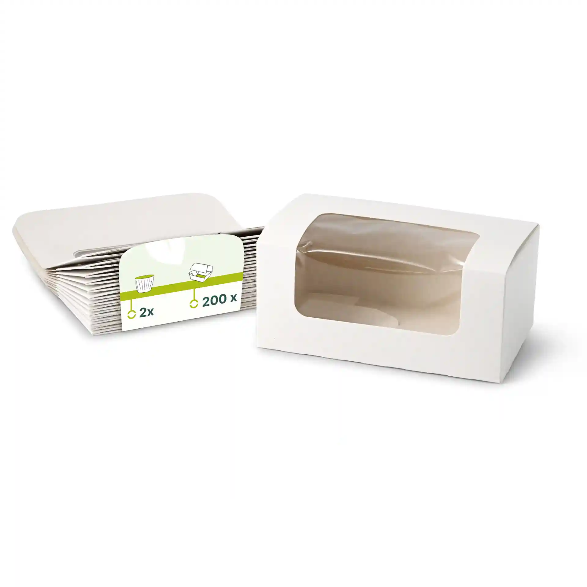 Weiße Cupcake-Boxen mit einem Zellulosefenster, zwei Packungen sichtbar, auf einem schlichten Hintergrund.