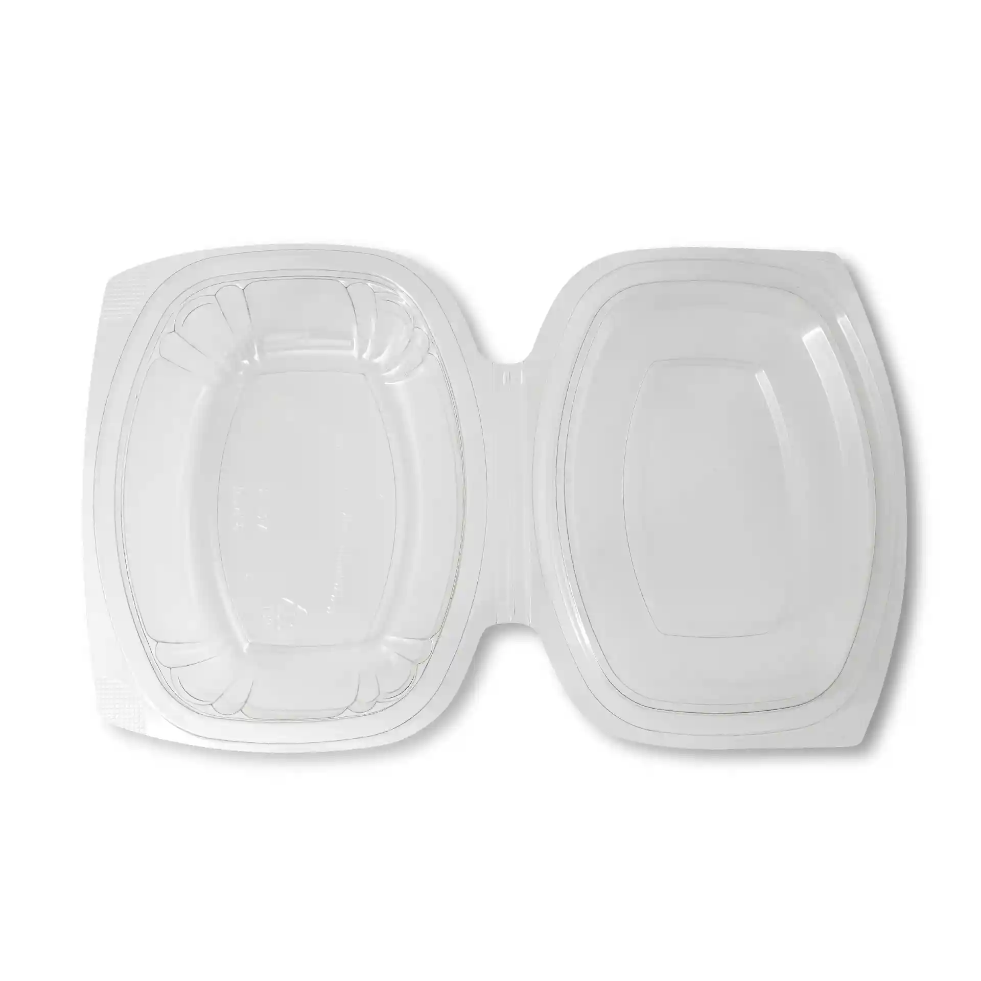 Transparent rectangular PLA deli bowl with a folding lid, dimensions 159 mm by 130 mm, open and empty.
