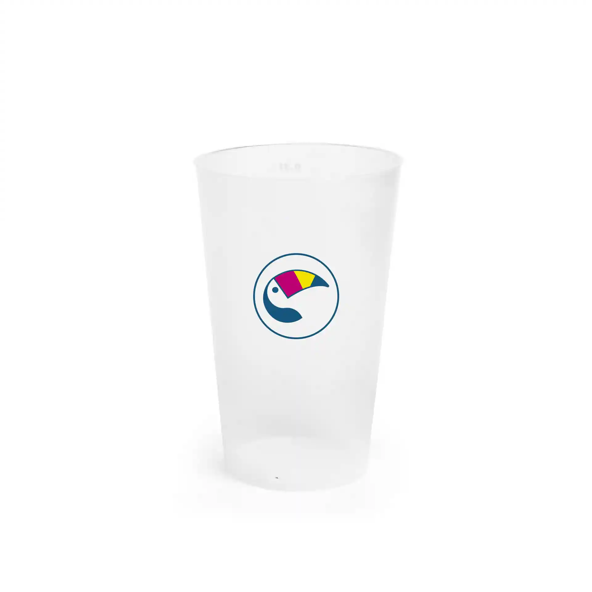 Clear reusable cup with a digital print logo, 300 ml capacity, round shape, height 121 mm, diameter 77 mm.
