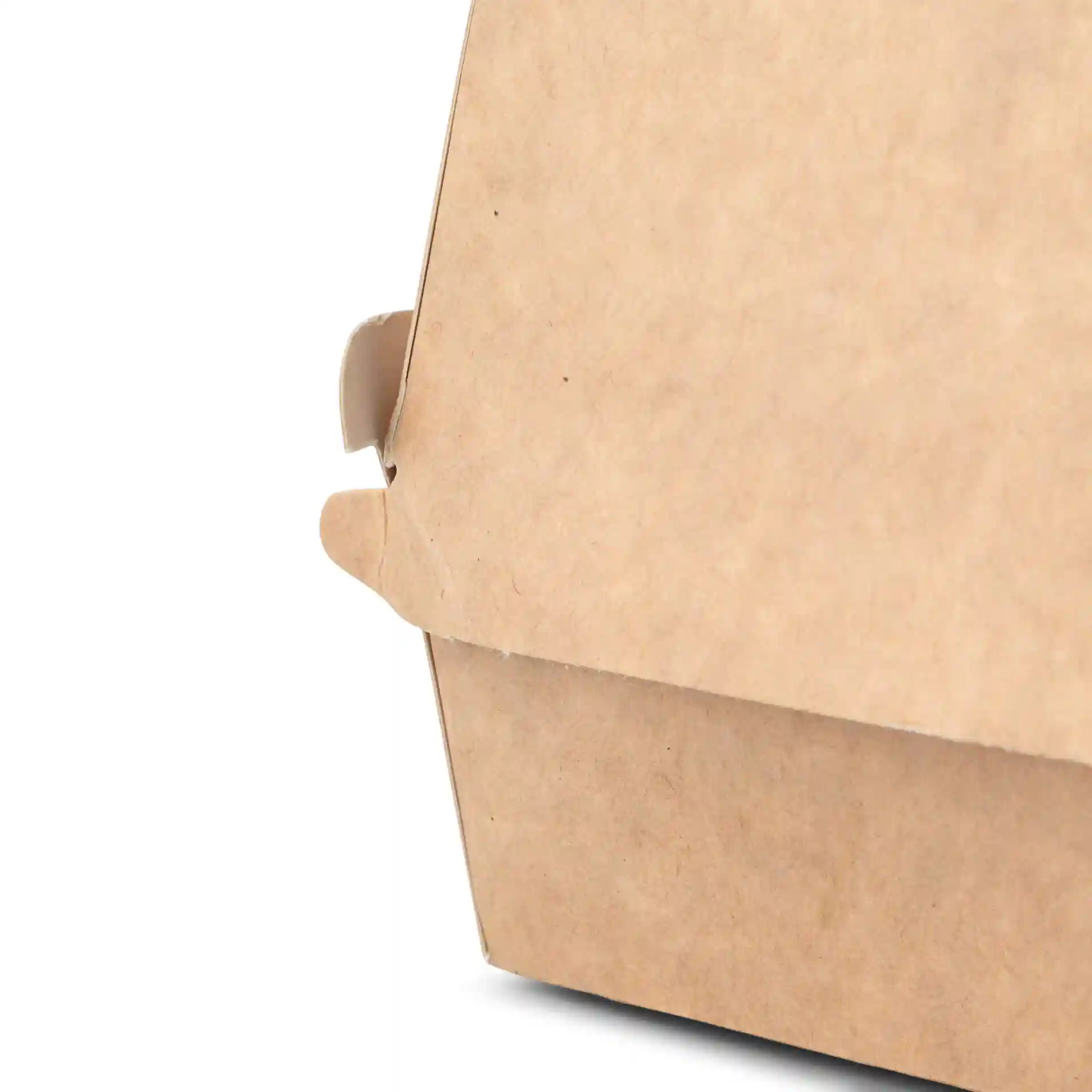 Braune Papp-Box für Takeaway-Burger in rechteckiger Form, seitliche Ansicht mit Klappe.