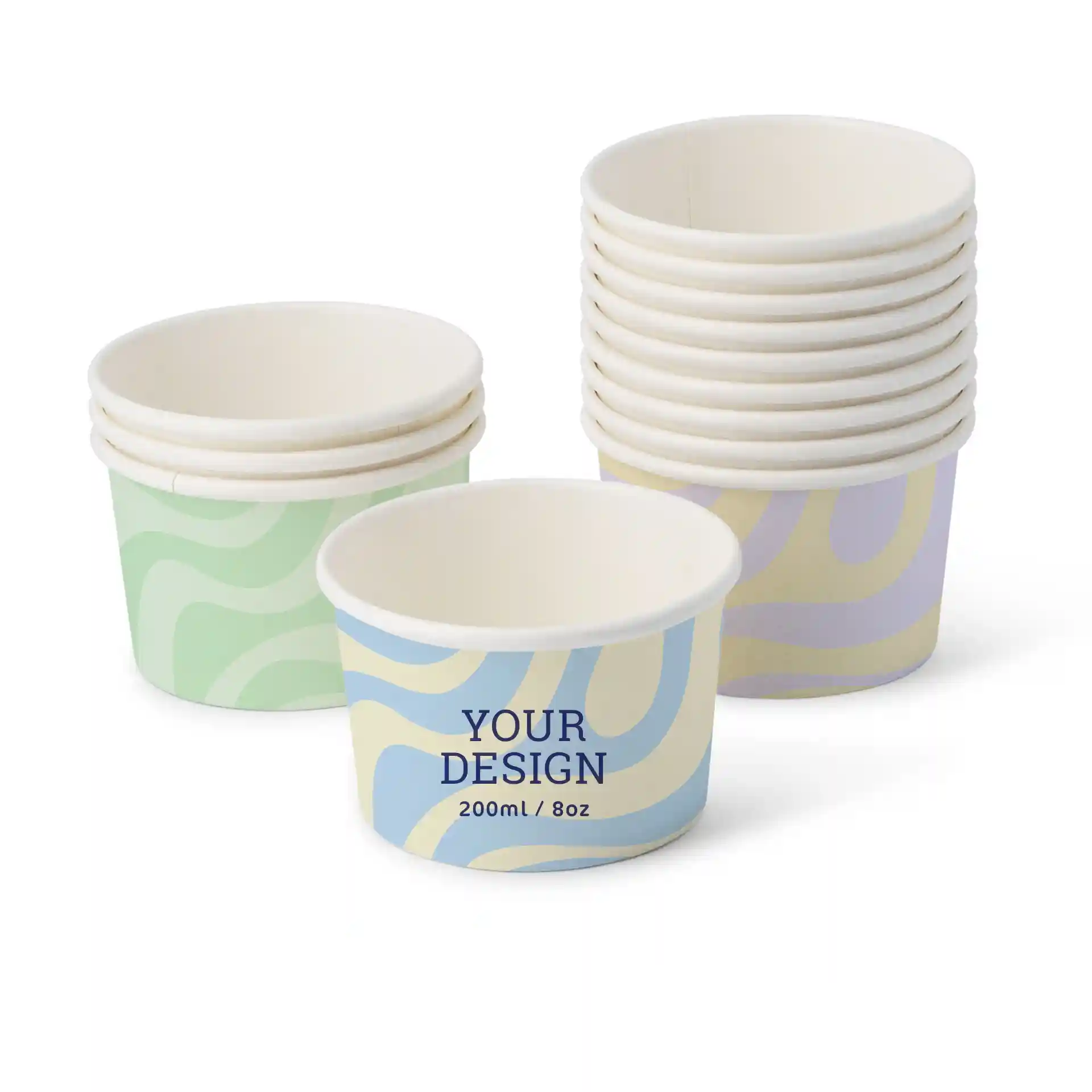 Round paperboard ice cream cups in pastel colors, featuring a design and stacked with several similar cups behind.