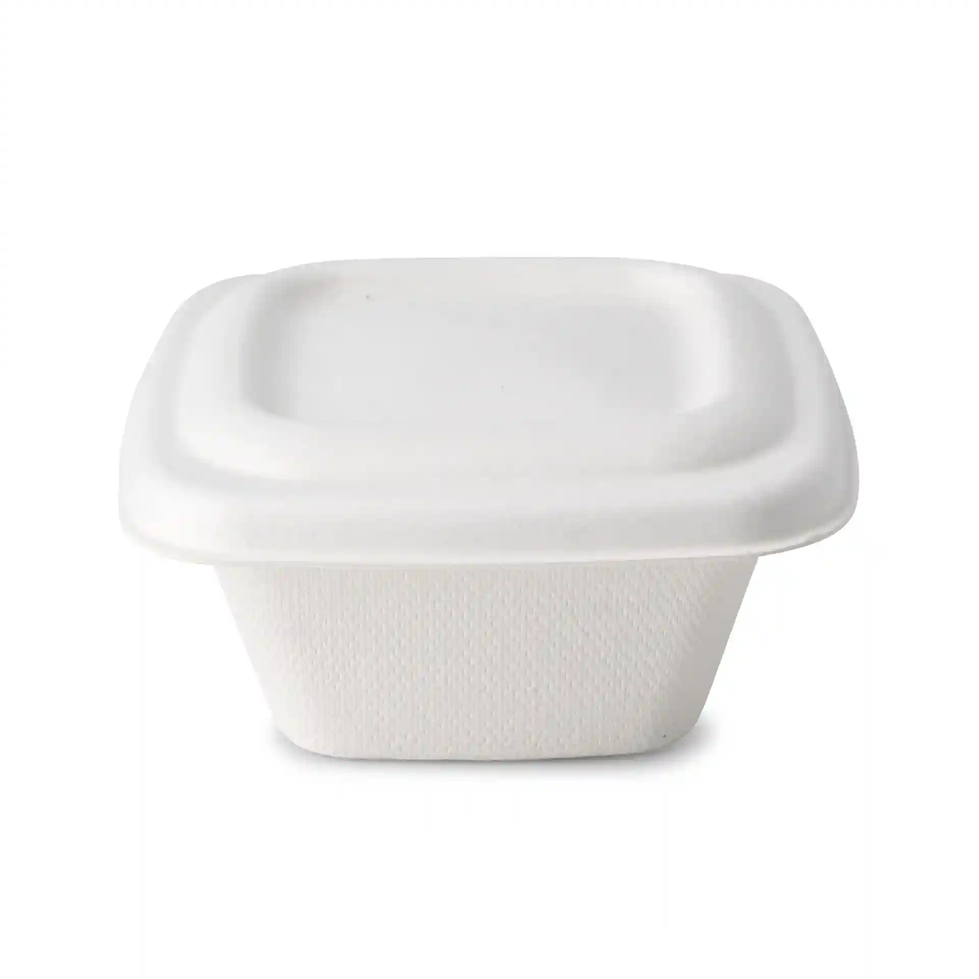 White square sugarcane container with a flat lid, measuring 85 mm in length and width, and 6 mm in height.