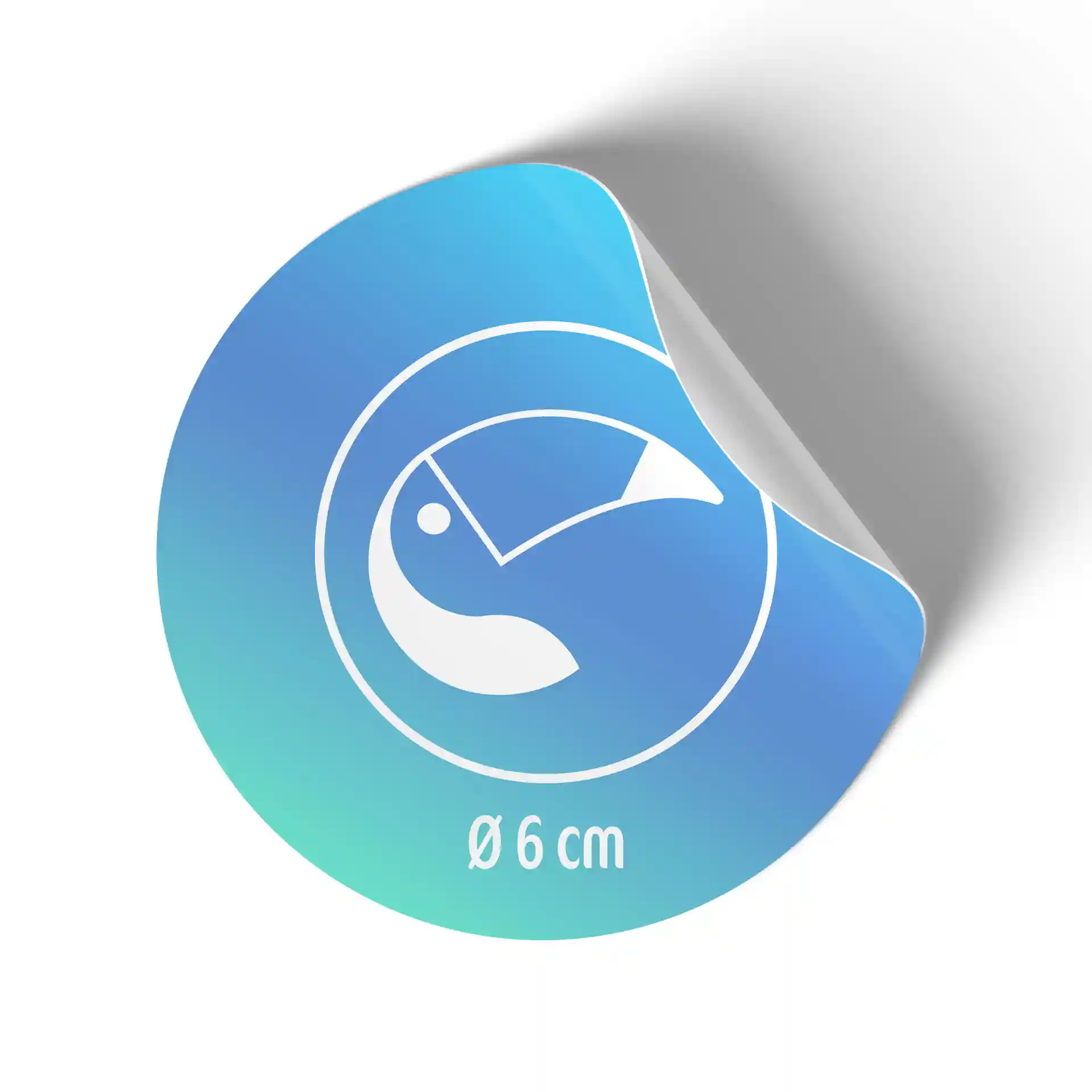 Round label with a blue gradient background, featuring a white design and a size indication of 6 cm.