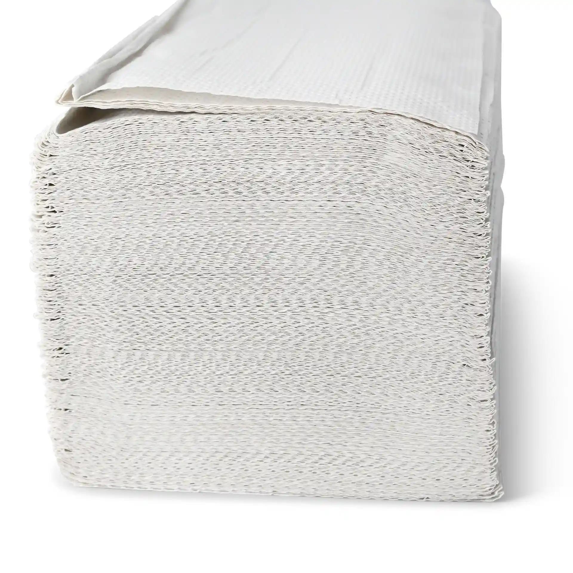 Stack of 2-ply rPaper folded towels in V-fold, showing the edge with visible texture and multiple sheets.
