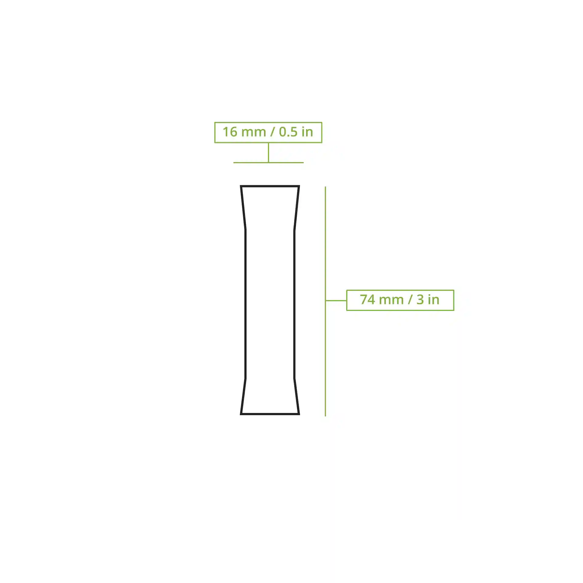 Schematic drawing of a sugar stick with dimensions labeled as 16 mm width and 74 mm height.