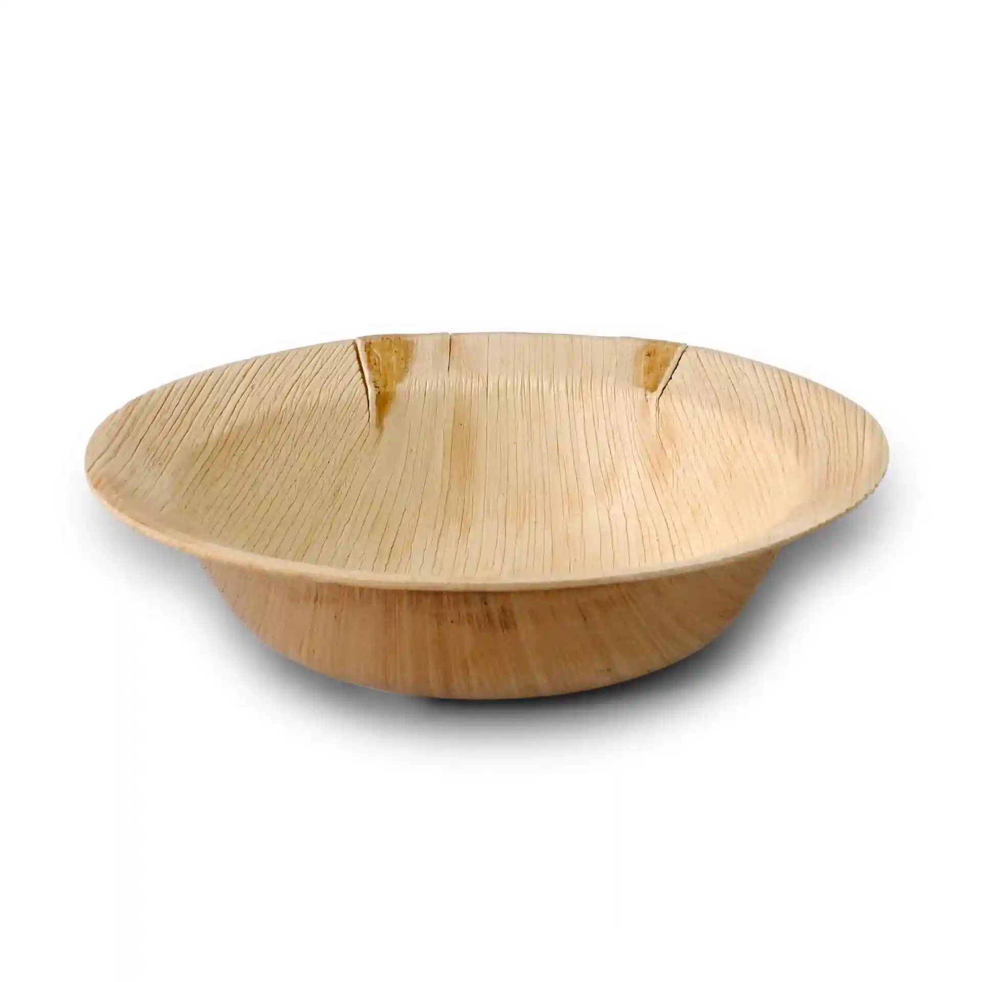 Tiefe runde Teller aus Palmblatt mit einem Durchmesser von 14 cm und natürlicher Maserung.