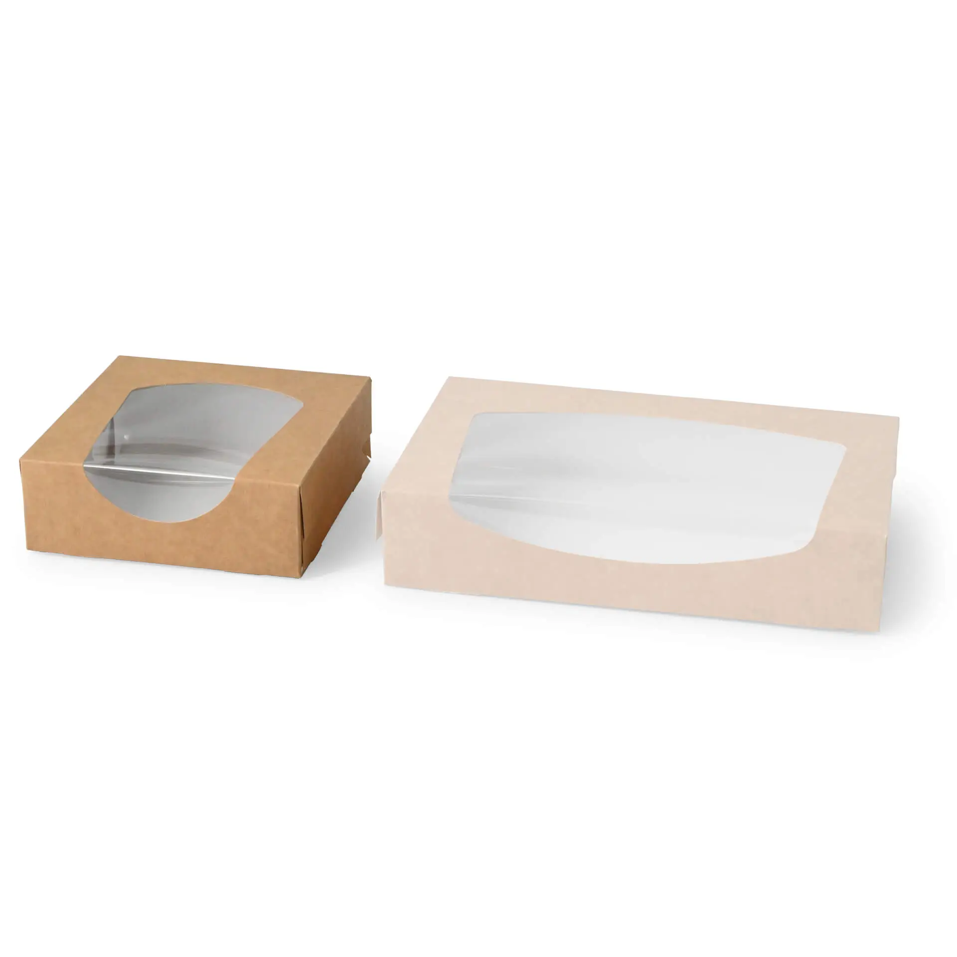 Zwei Pappfensterboxen, eine braune und eine weiße, mit klaren Zellulosefenstern, nebeneinander präsentiert.