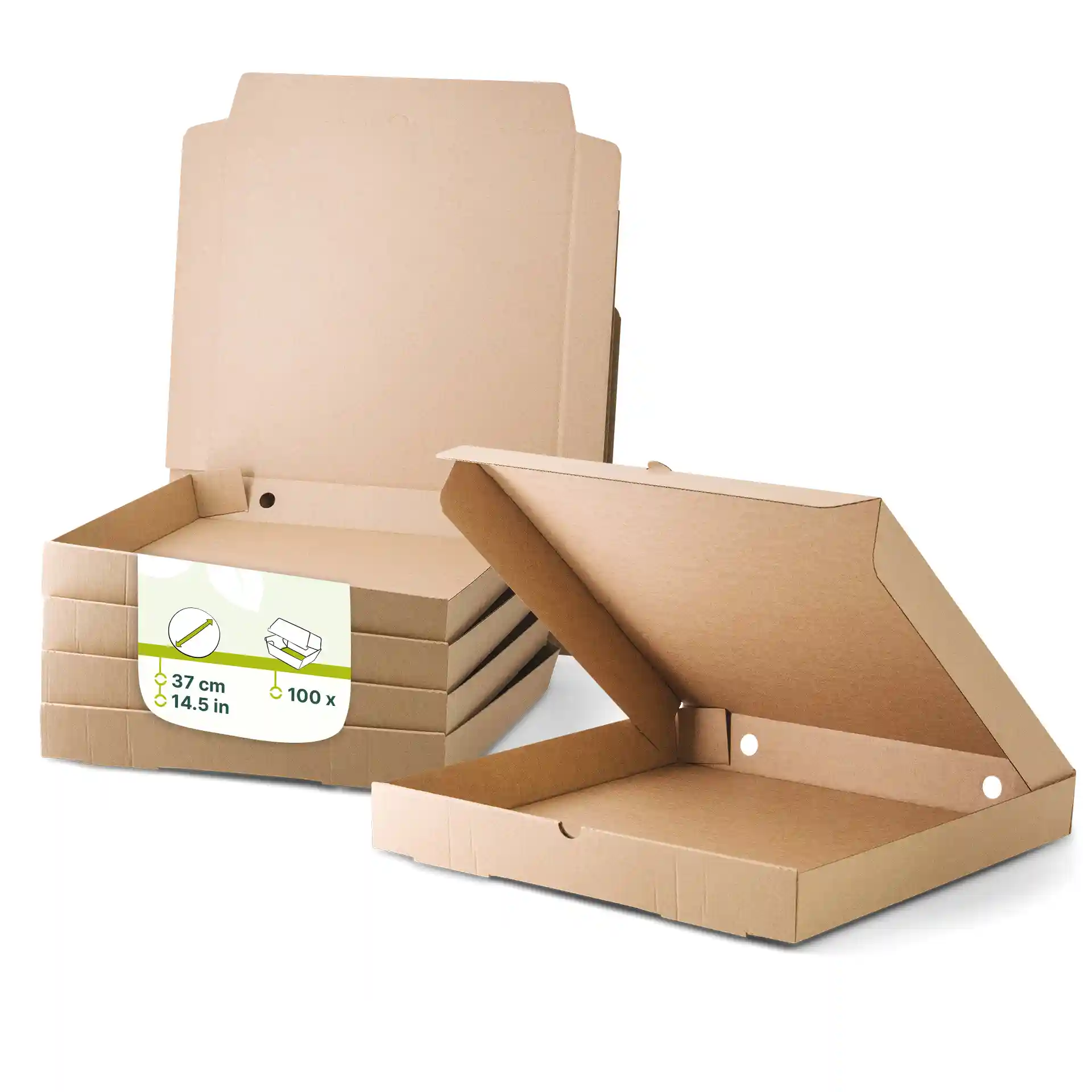 Brown cardboard pizza boxes, square shape, with one box open and showing interior, stacked behind it.