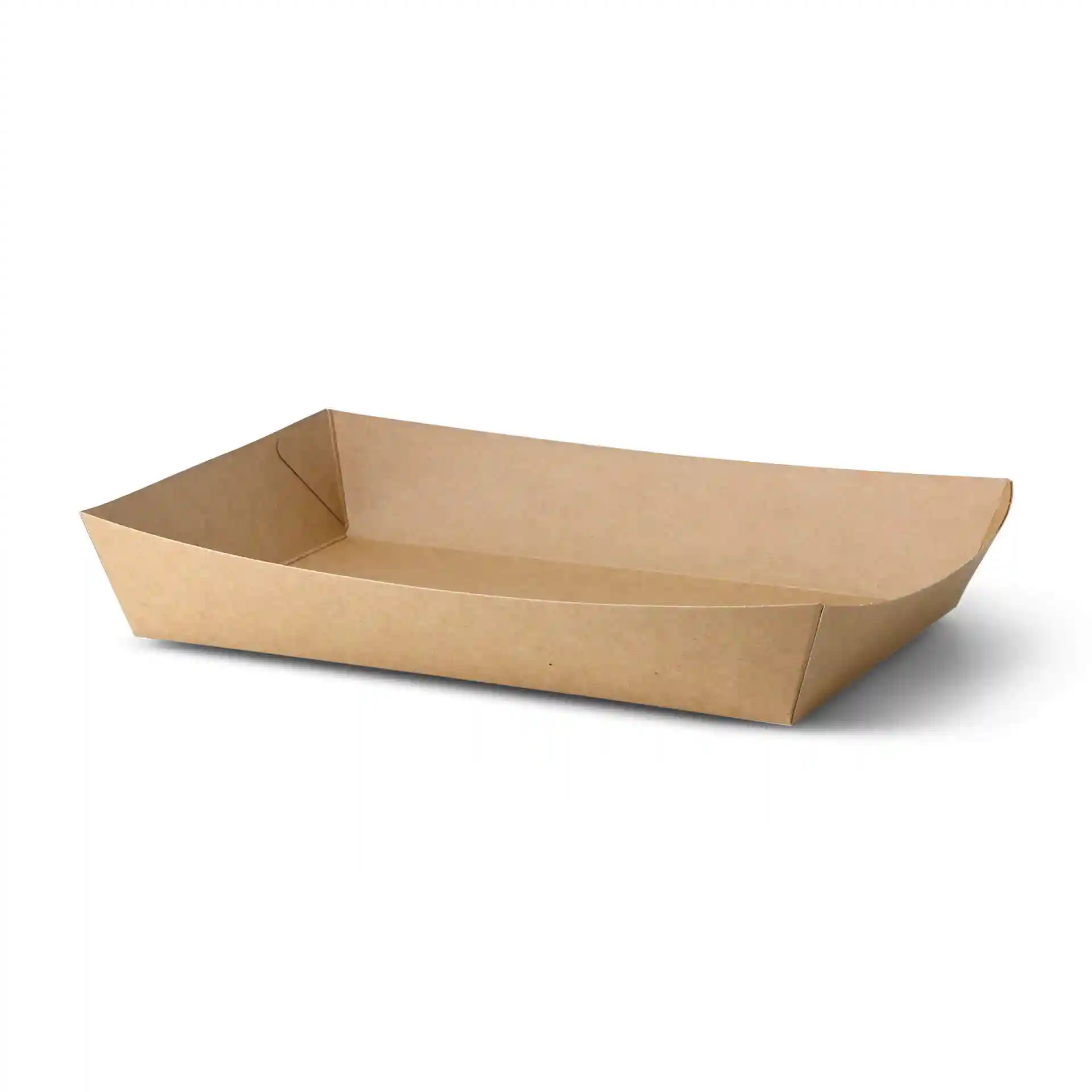 Braunes rechteckiges Papptablett mit den Maßen 27 x 20 x 3,5 cm und einem Füllvolumen von 1250 ml.