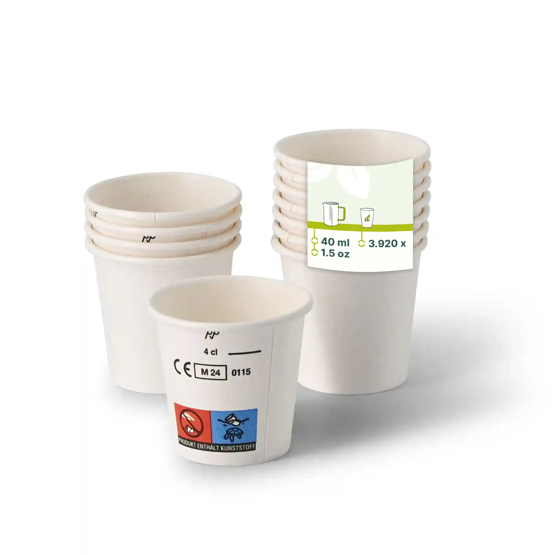 White paper shot cups stacked, with one cup in front displaying a label and several more behind.