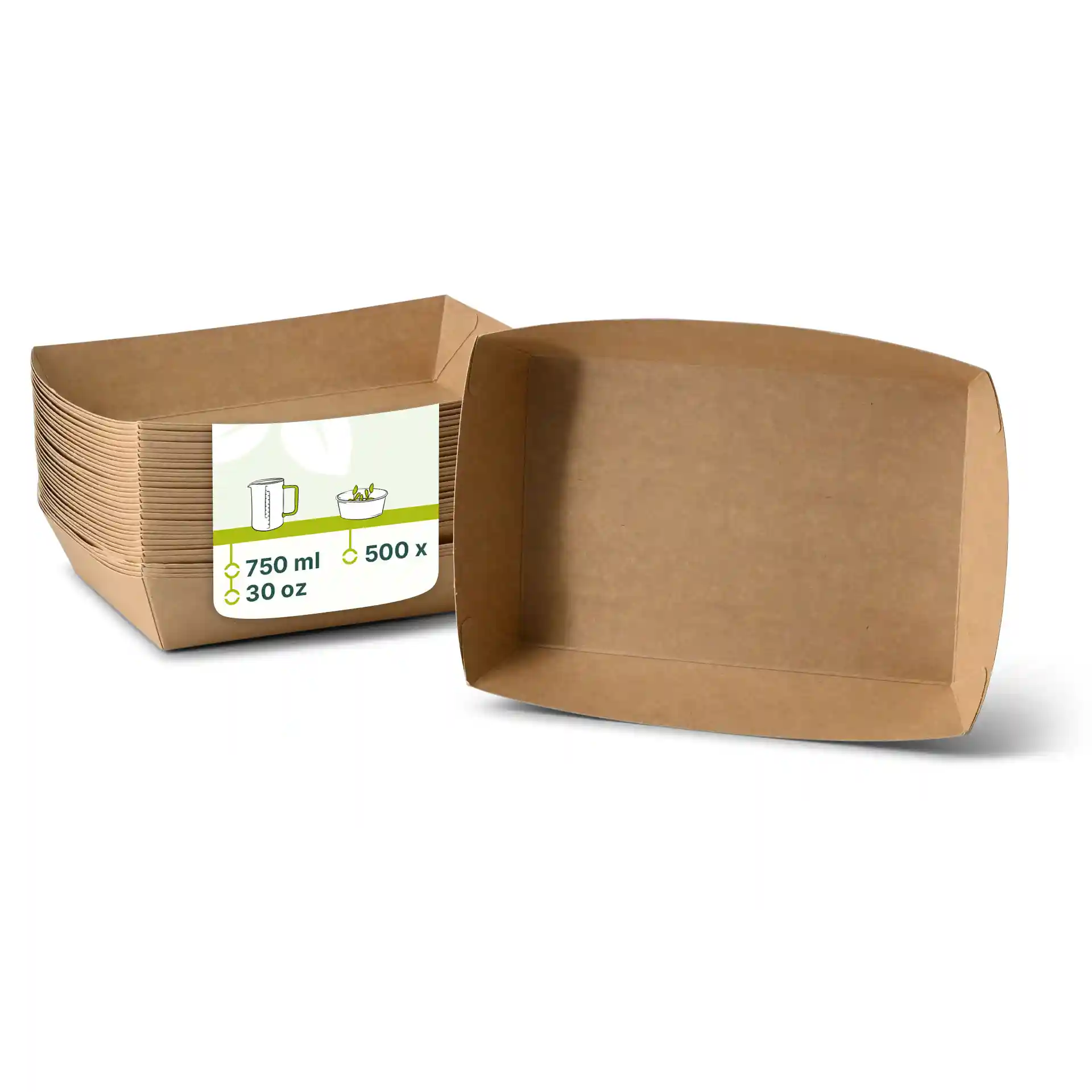 Brown cardboard food trays in a rectangular shape, one tray shown upright with several stacked behind.