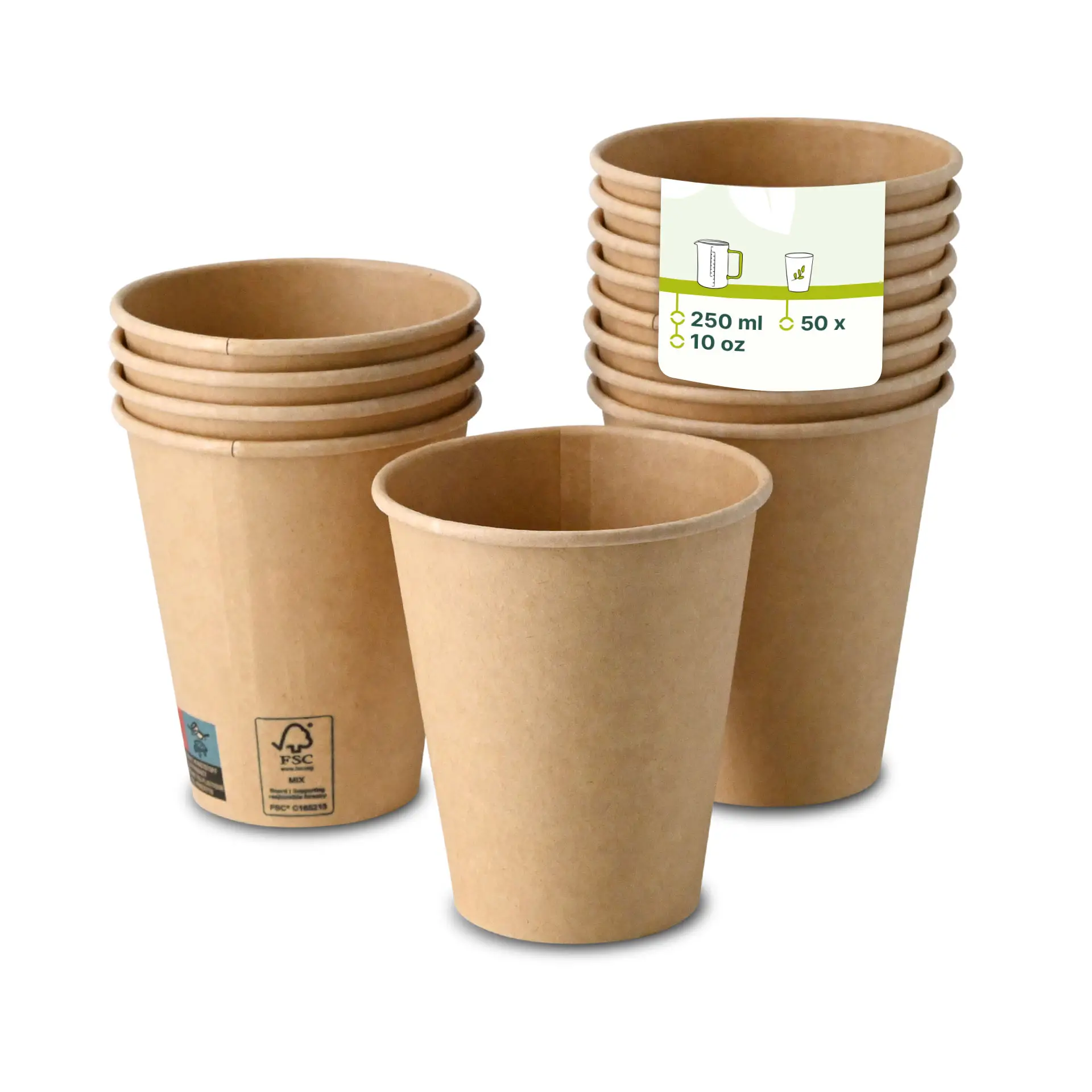 One brown, 10 oz paper cup in focus; several similar cups behind with reduced opacity. Label indicates 50 cups, PE-coated design.