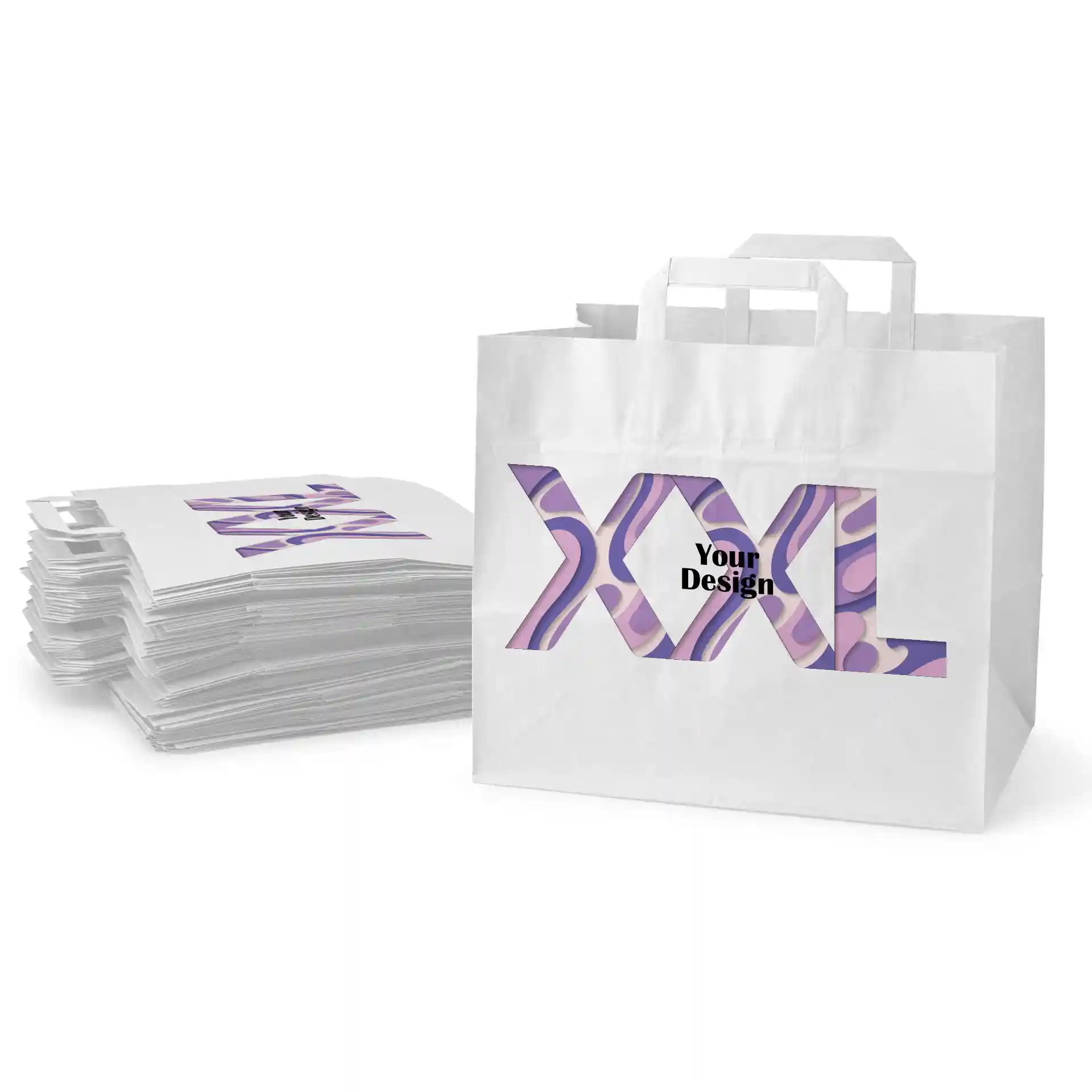 White paper carrier bag with a cut-out design showing "XXL" and "Your Design," with several stacked bags behind it.