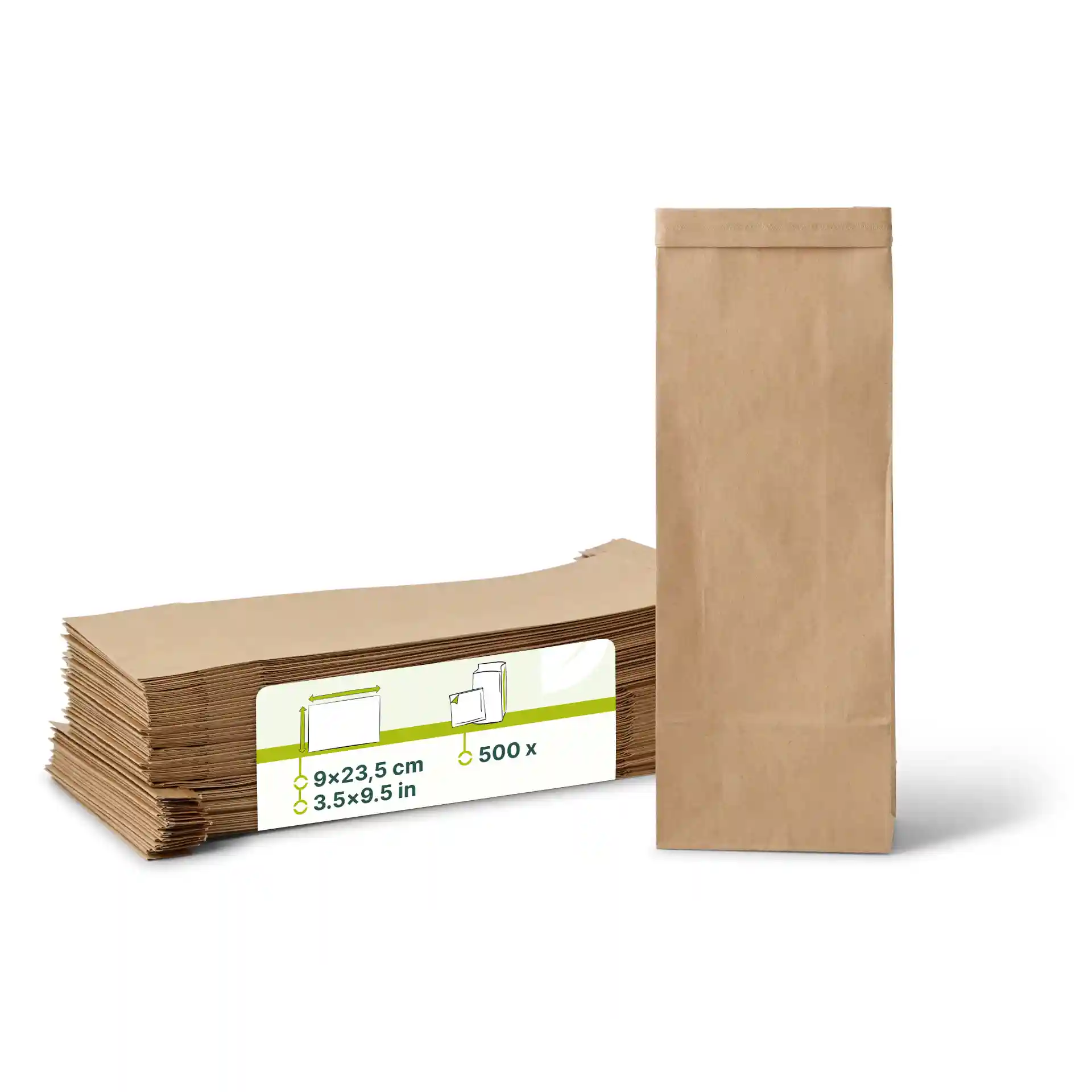 Brown block bottom bag with a tin tie, measuring 9 x 4.5 x 23.5 cm, displayed with multiple similar bags.
