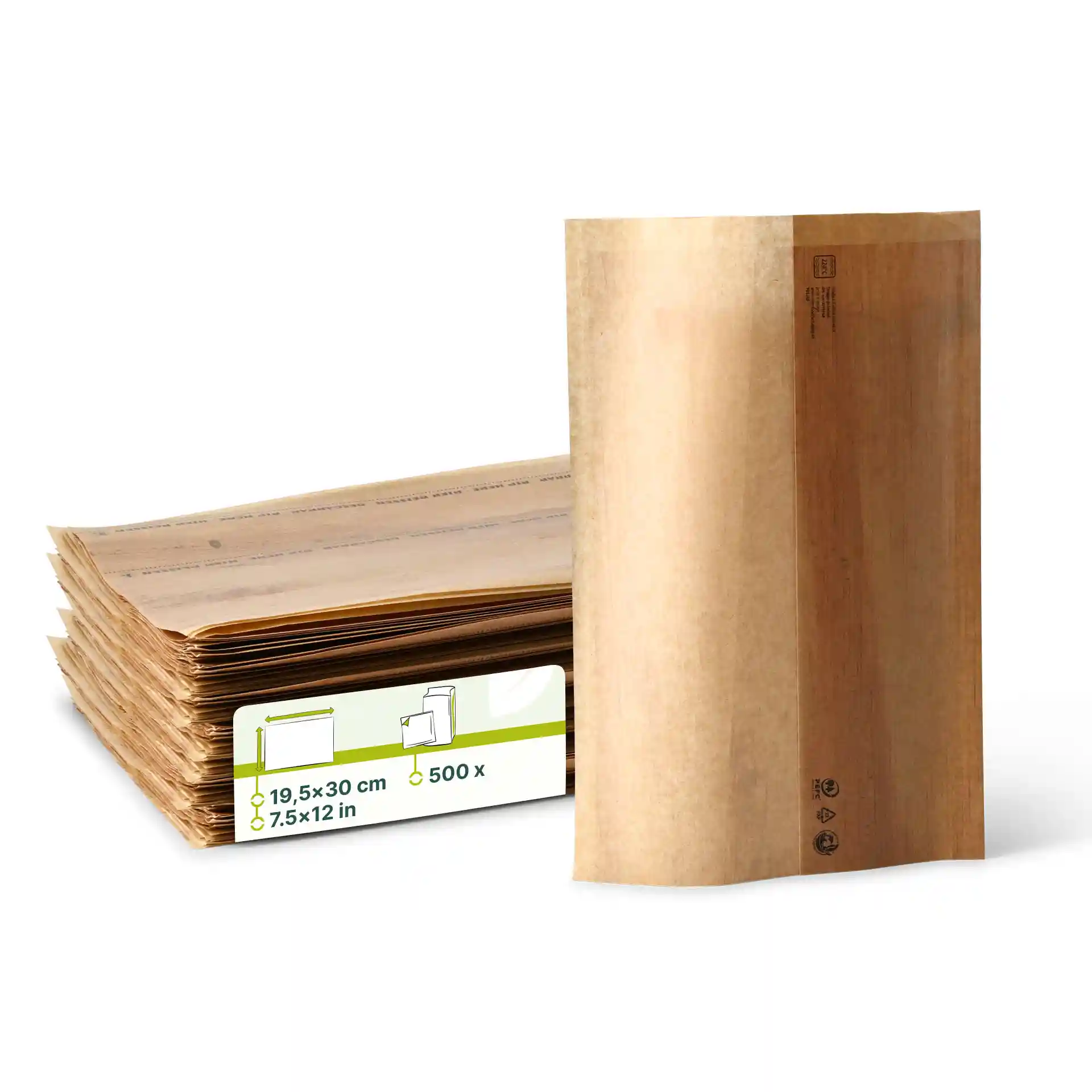 Braune Kraft-Burritotaschen, vorgefaltet, 19,5 x 30 cm, gestapelt mit einem Etikett für Maße und Menge.