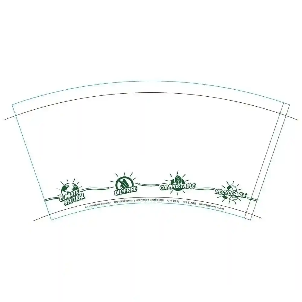 Label with icons showing climate neutral, oil-free, compostable, and recyclable attributes on a white background.