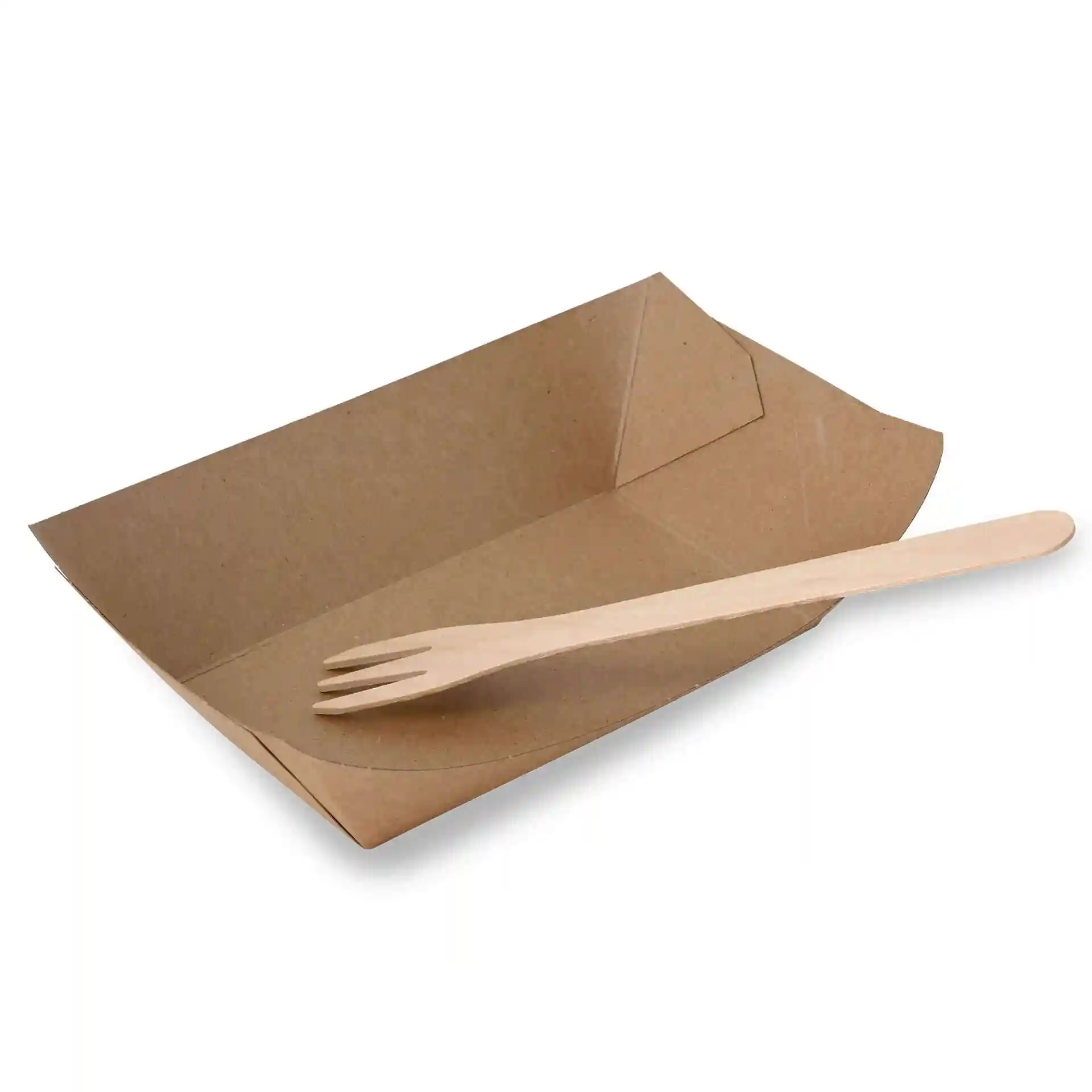 Brown rectangular cardboard food tray with a wooden fork placed inside.