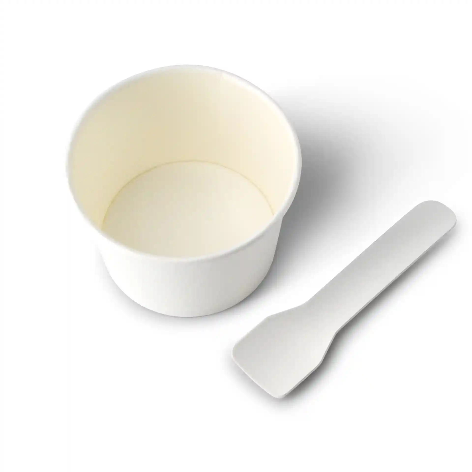 White cardboard ice cream cup with a diameter of 76 mm and a small white spatula beside it.