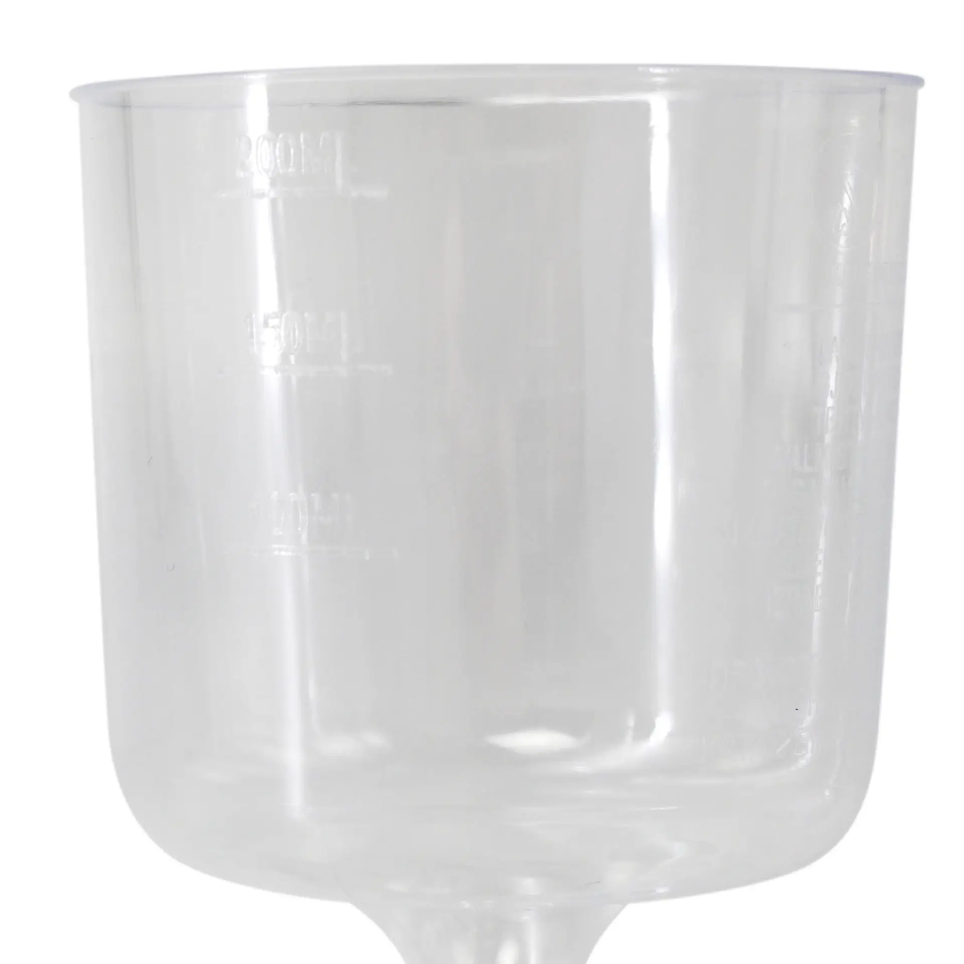 Transparent wine glass with a capacity of 200 ml, showing measurement markings on the side.