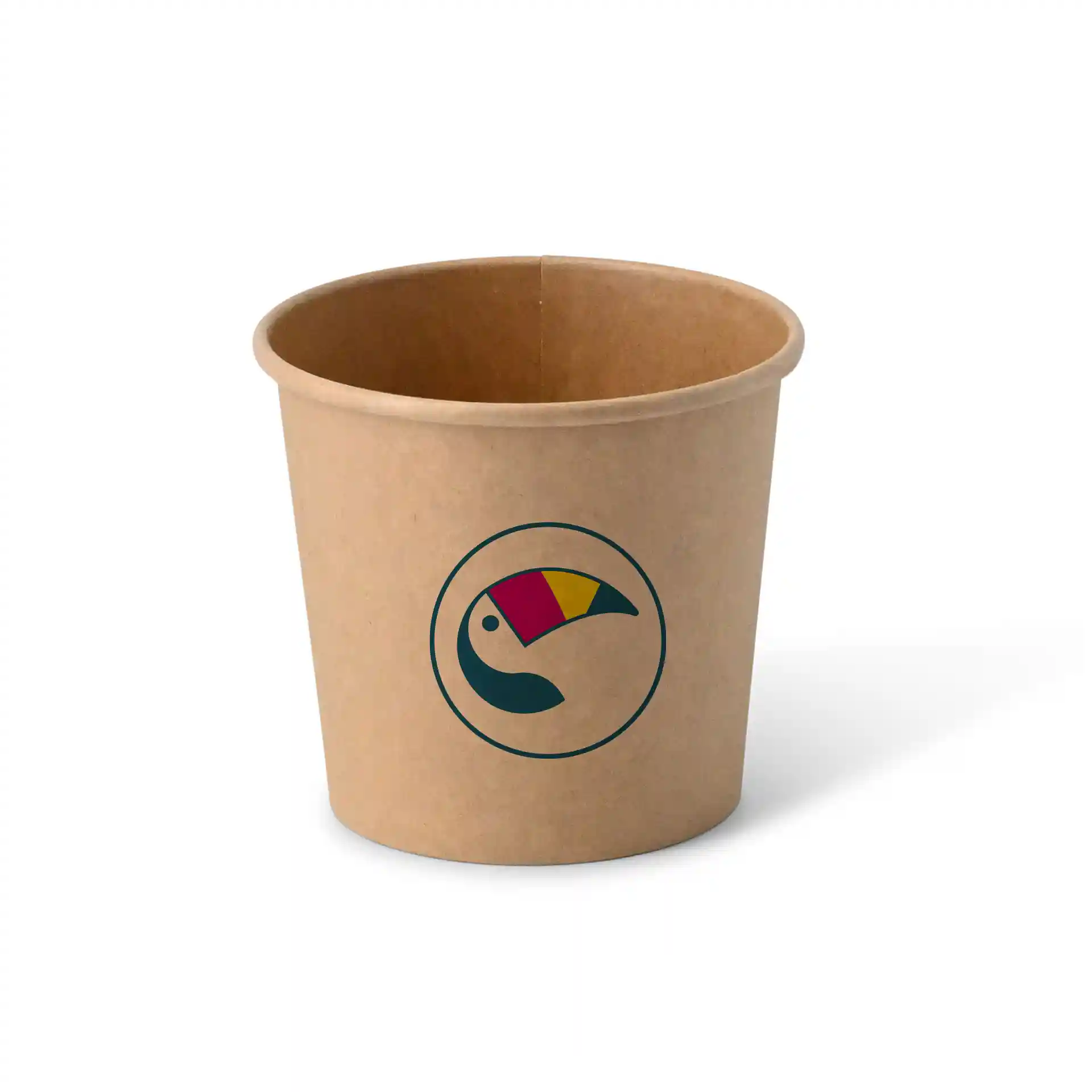 Brown cardboard cup with a round shape and a colorful toucan logo on the front.