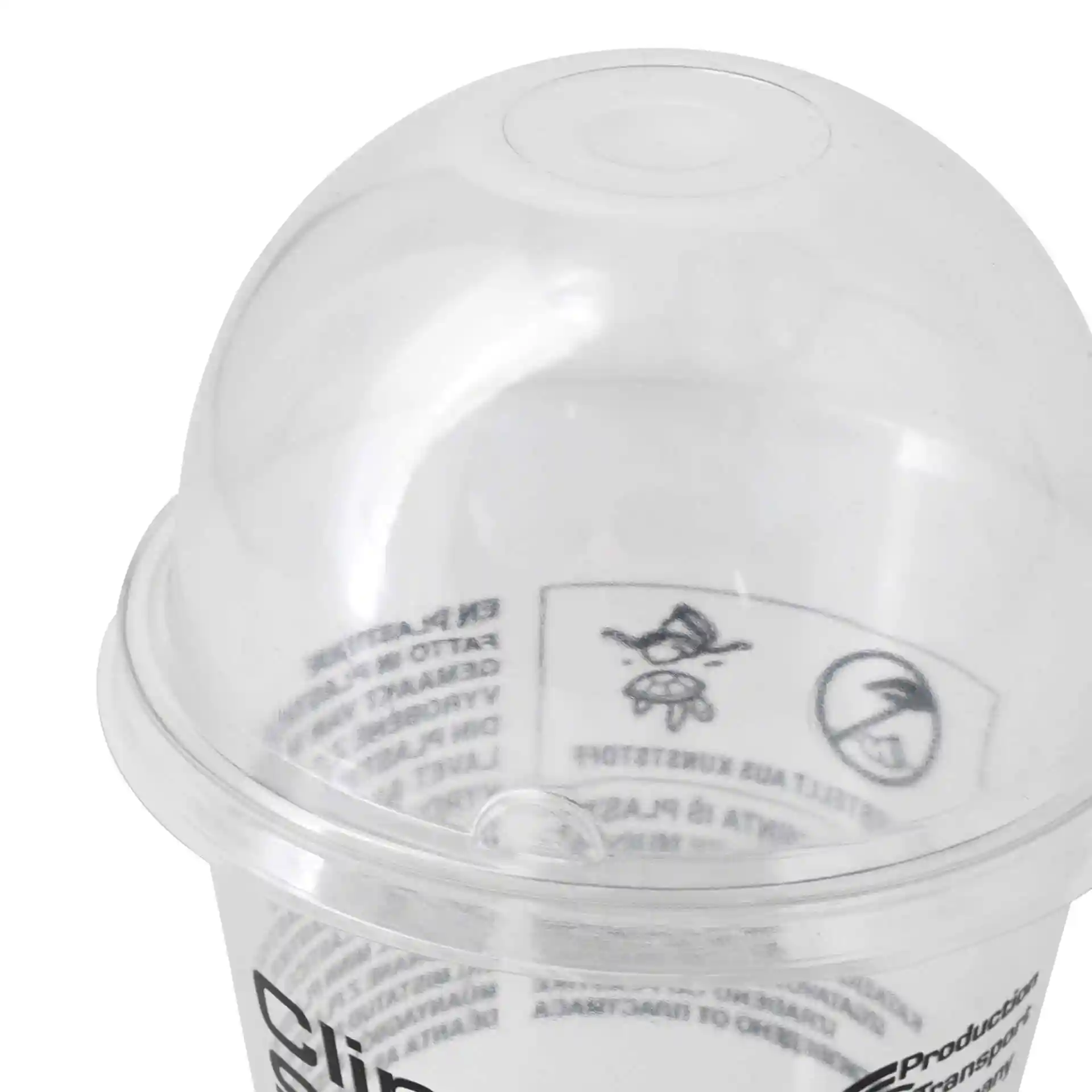 Transparent rPET dome lid with a diameter of 90.5 mm and a height of 48 mm, showing a closed design.